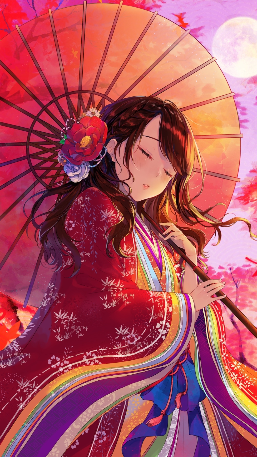 Download mobile wallpaper Anime, Fall, Umbrella, Kimono, Original, Brown Hair for free.