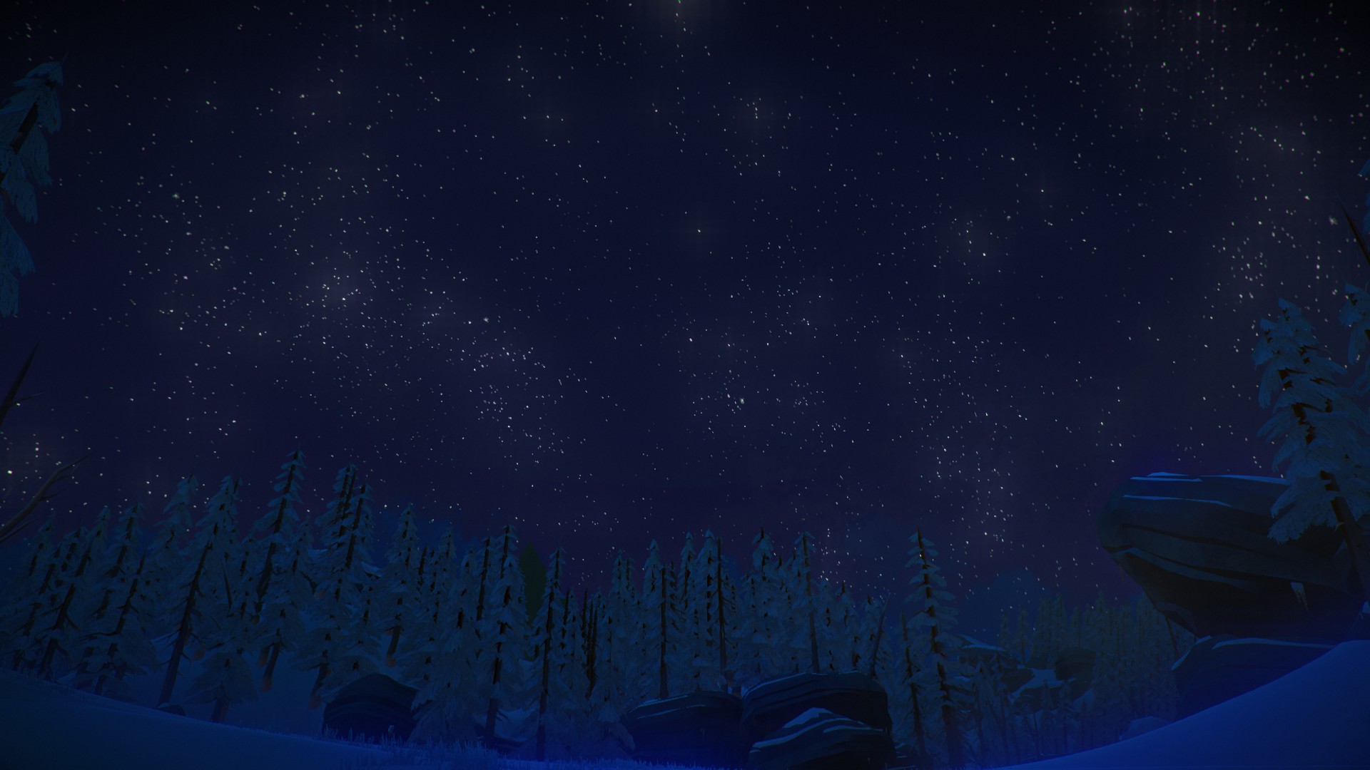 the long dark, video game, forest, night, sky, snow, stars, winter, wood