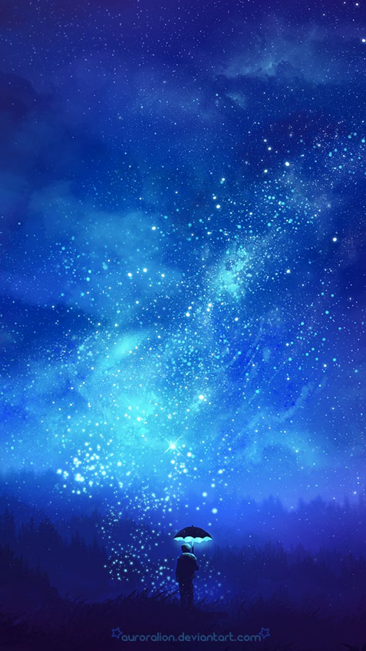 Download mobile wallpaper Anime, Fantasy, Sky, Stars, Night, Umbrella, Original for free.
