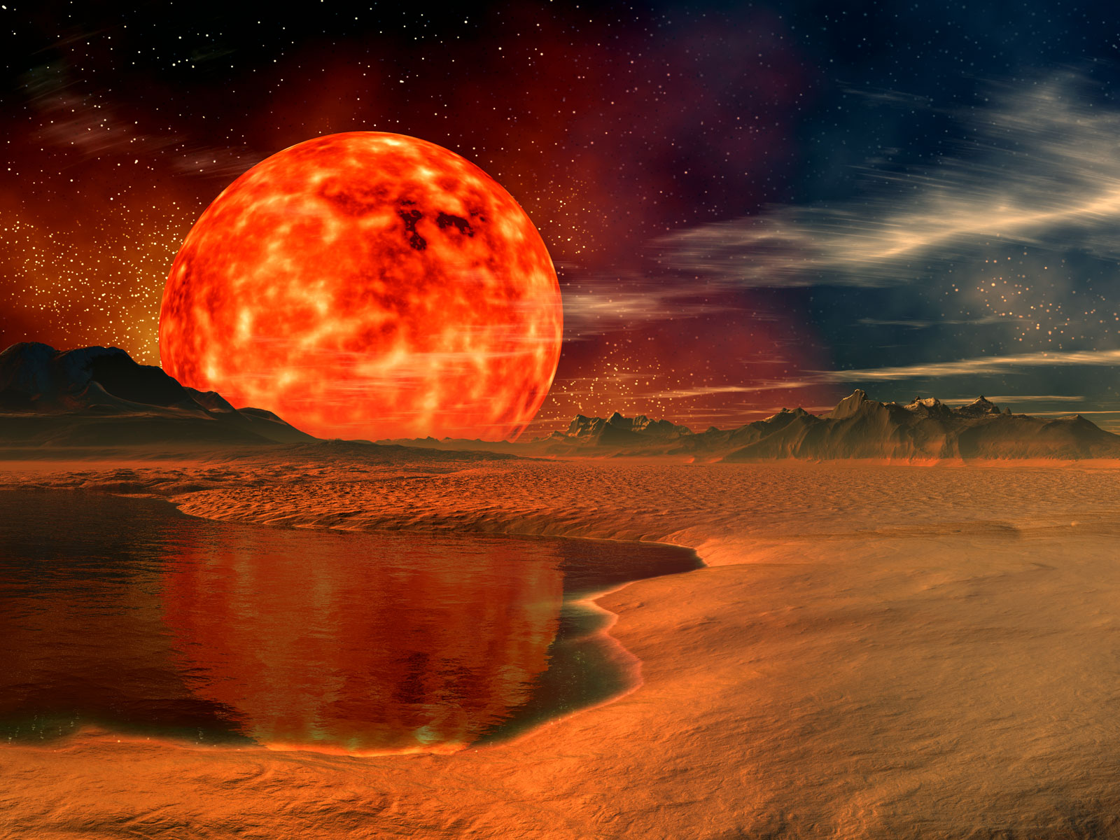 162077 Hintergrundbild herunterladen planet, science fiction, landschaft, cgi, steppe, see, orange farbe) - Bildschirmschoner und Bilder kostenlos