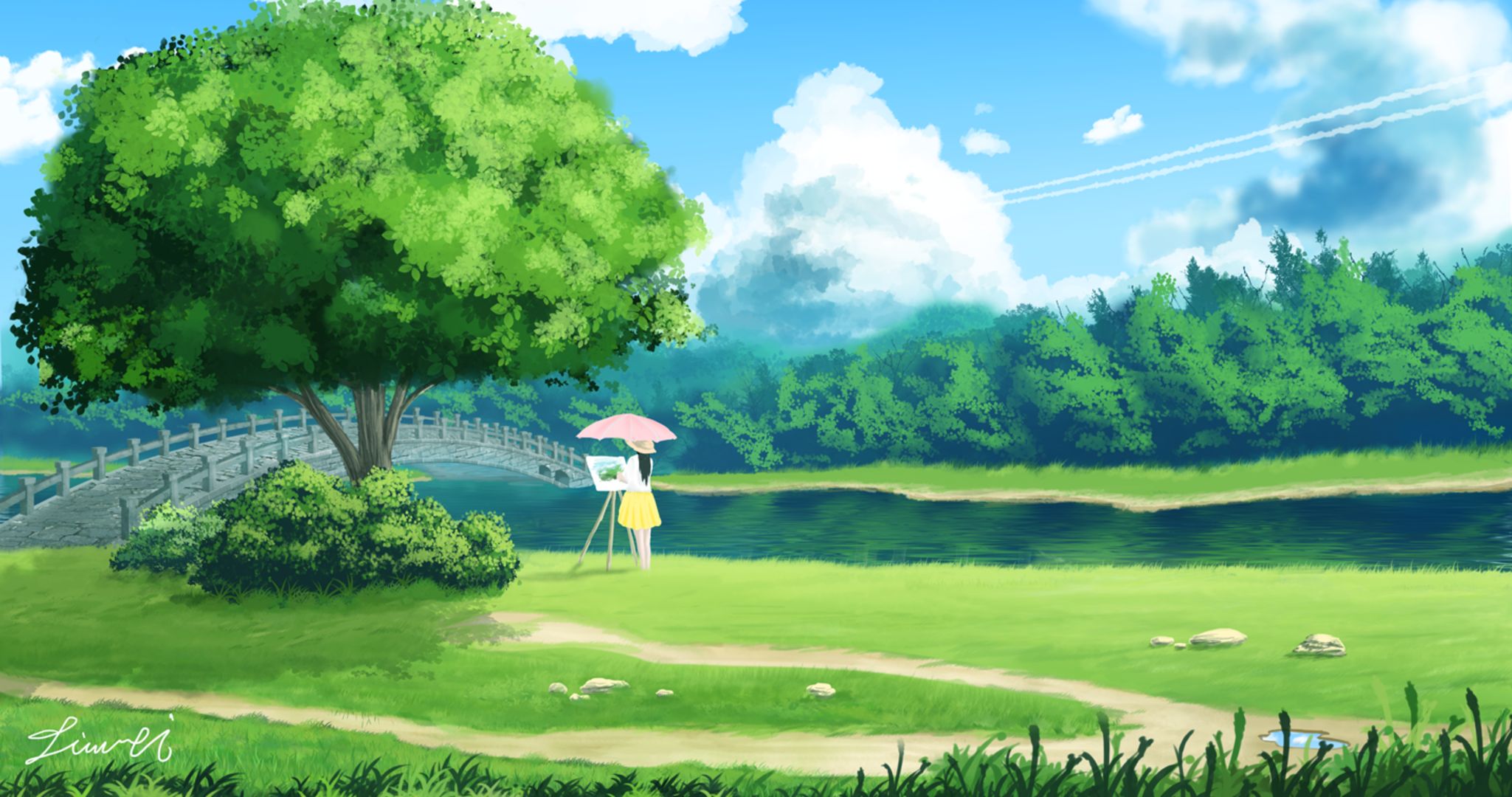 Free download wallpaper Anime, Tree, Umbrella, Original, Greenery on your PC desktop