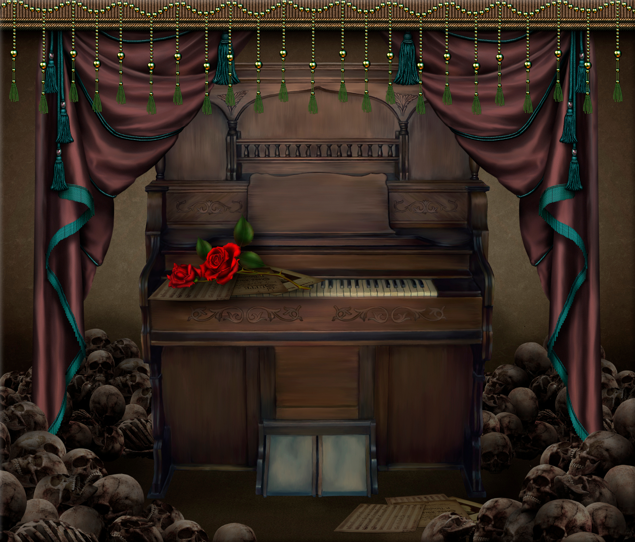 Laden Sie das Klavier, Rose, Düster, Gotisch, Skelett-Bild kostenlos auf Ihren PC-Desktop herunter