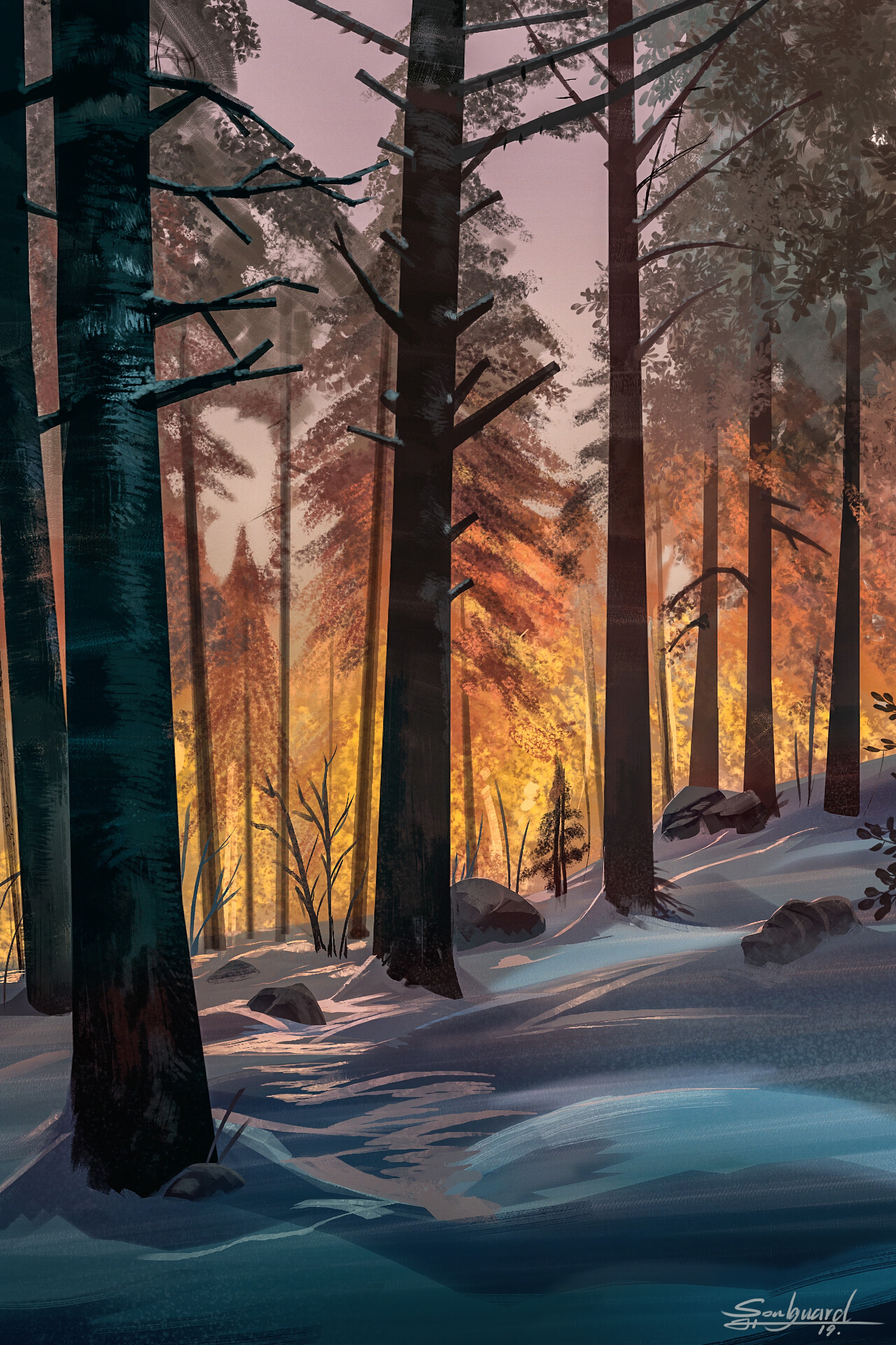 Скачать обои бесплатно Снег, Деревья, Лес, Пейзаж, Арт картинка на рабочий стол ПК