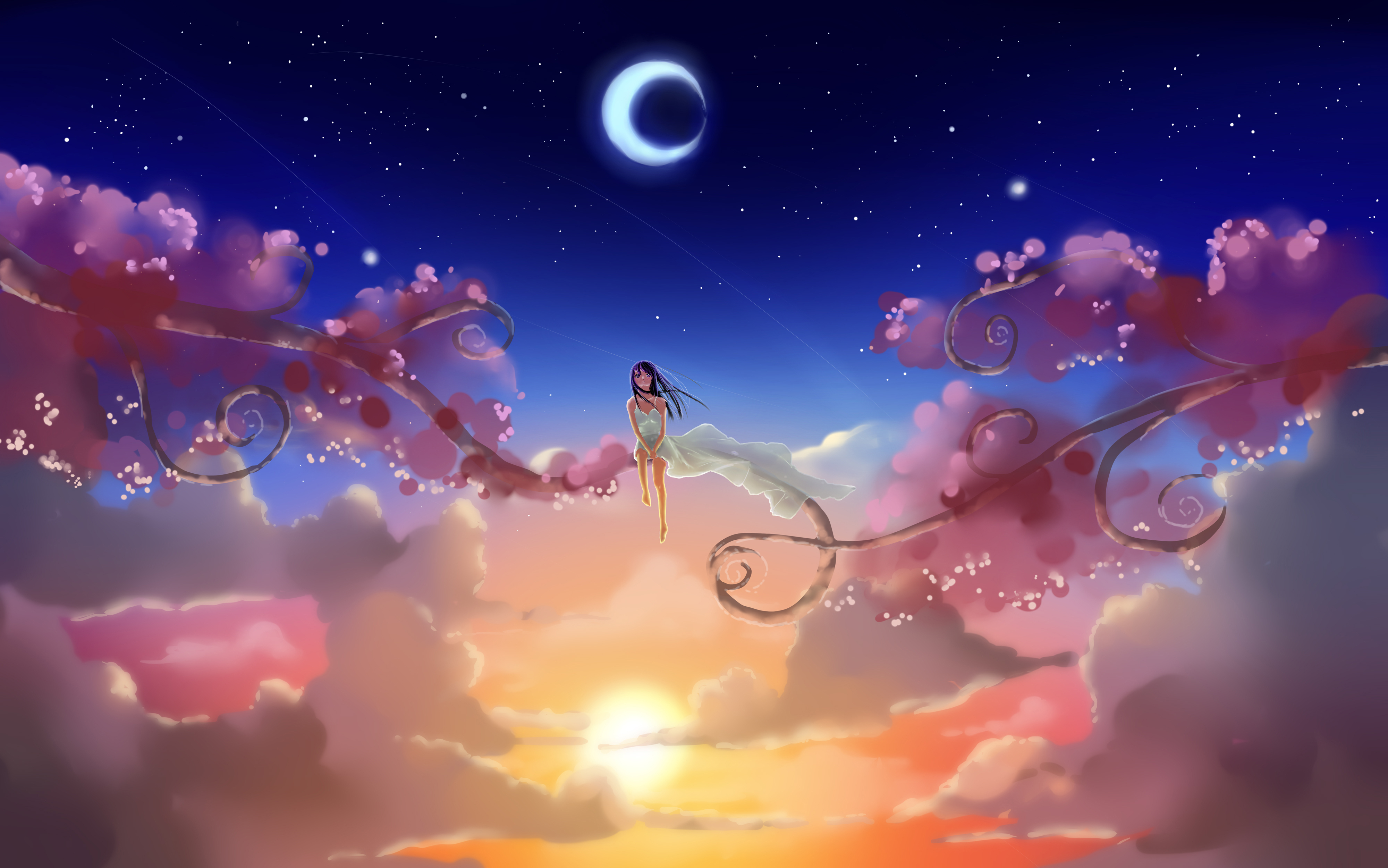 girl, starry sky, sunset, moon, anime