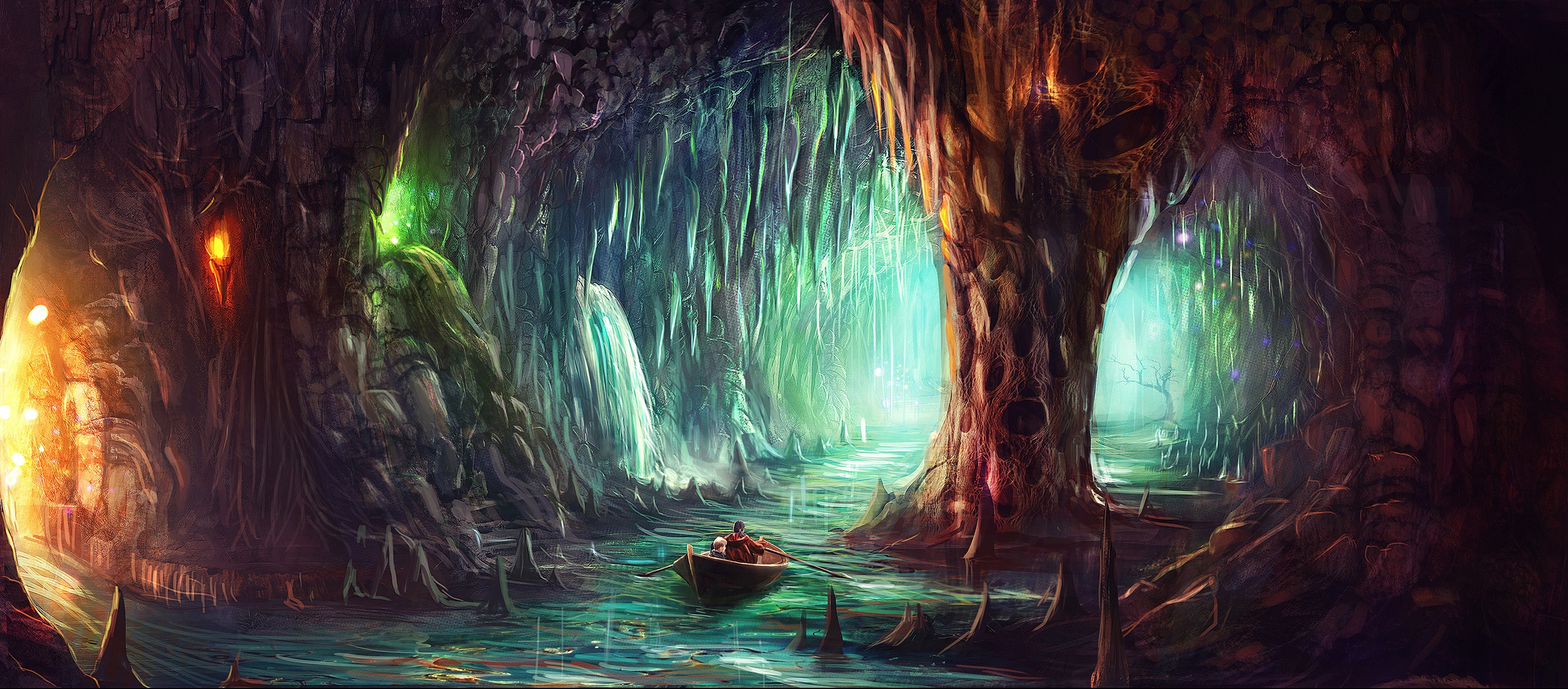 Free download wallpaper Fantasy, Cave, Artistic, Canoe on your PC desktop