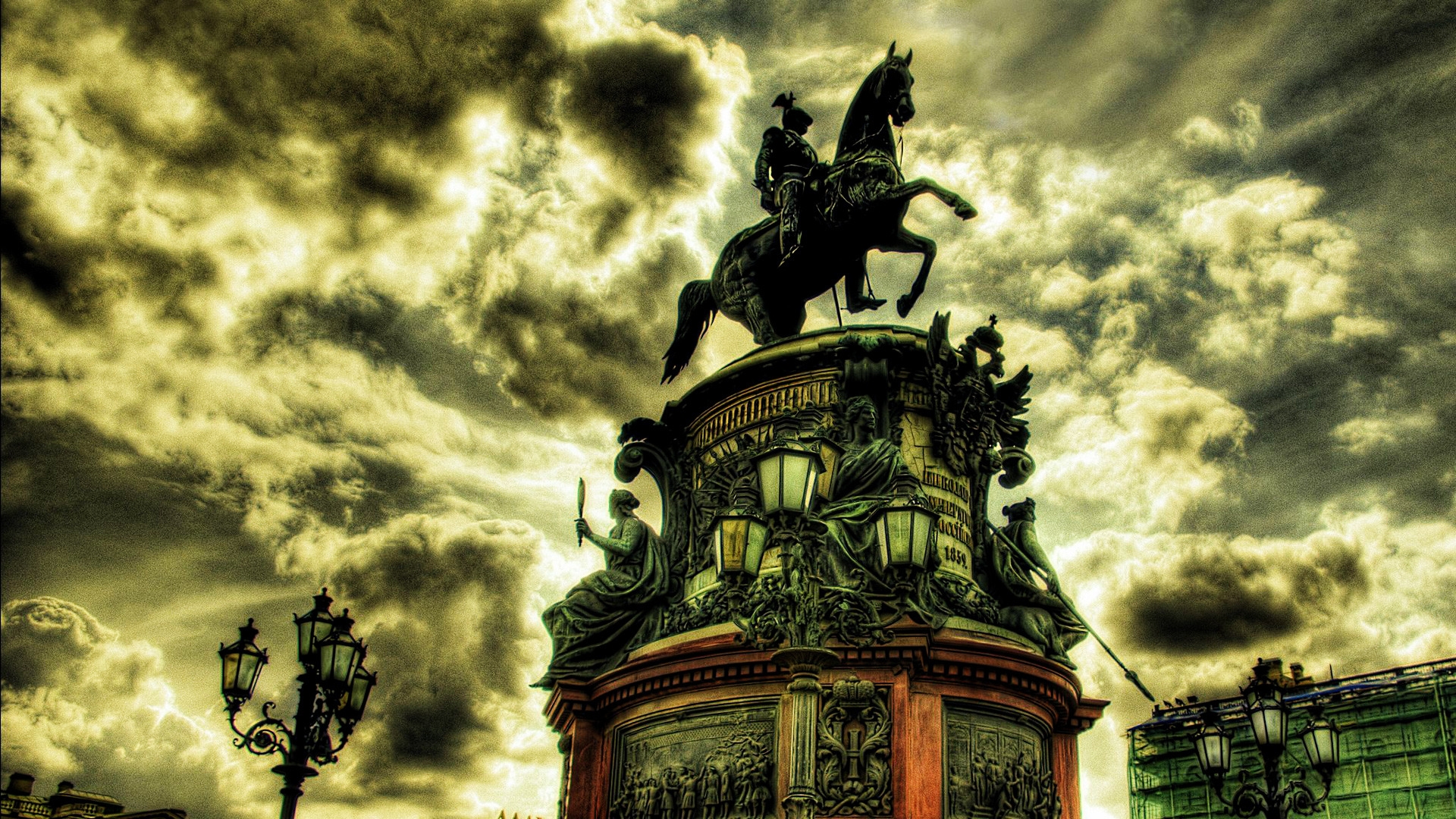Download mobile wallpaper Statue, Hdr, Cloud, Horse, Russia, Saint Petersburg, Man Made for free.