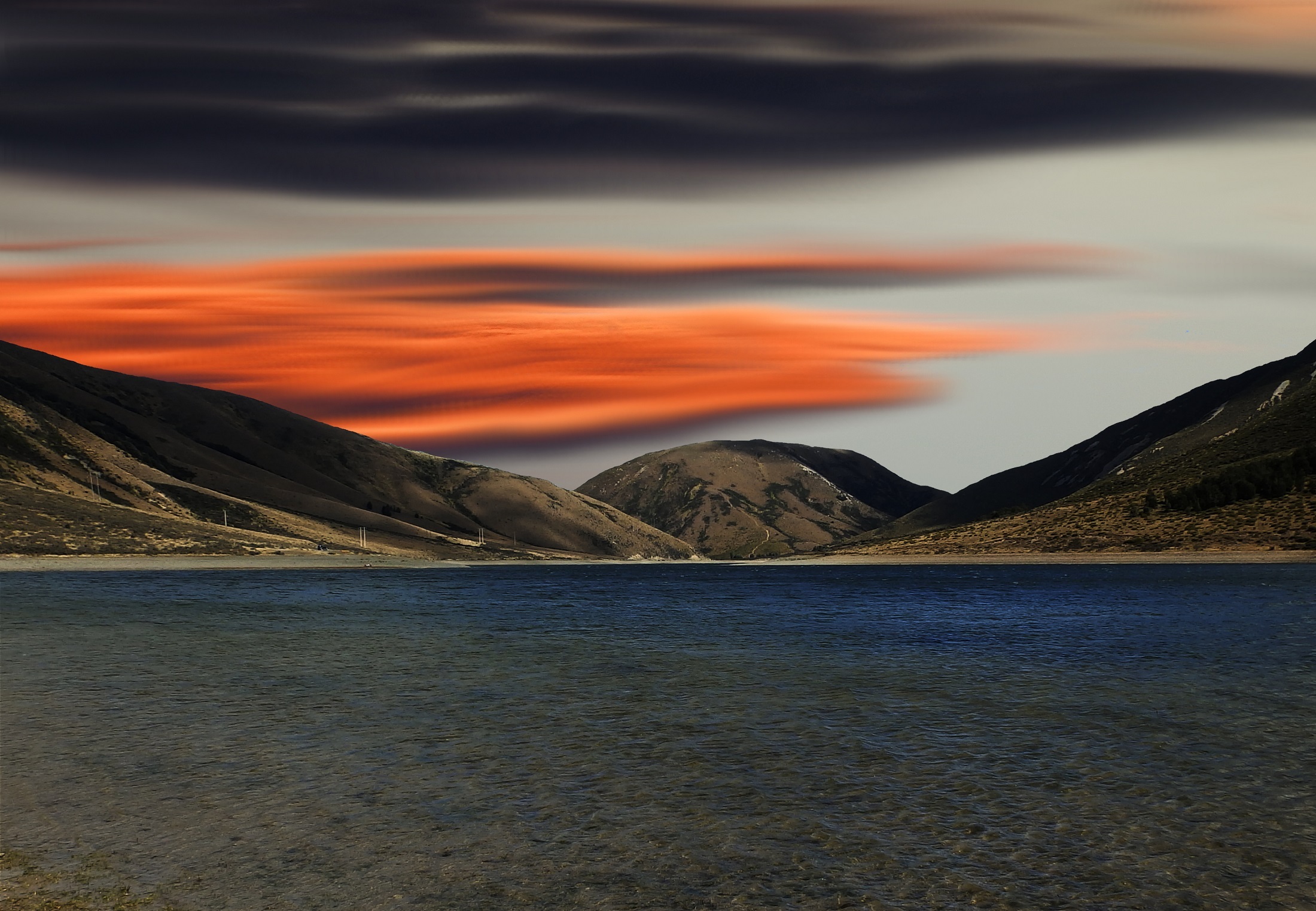 Free download wallpaper Landscape, Water, Sunset, Sky, Lakes, Mountain, Lake, Earth, Cloud, Orange (Color) on your PC desktop