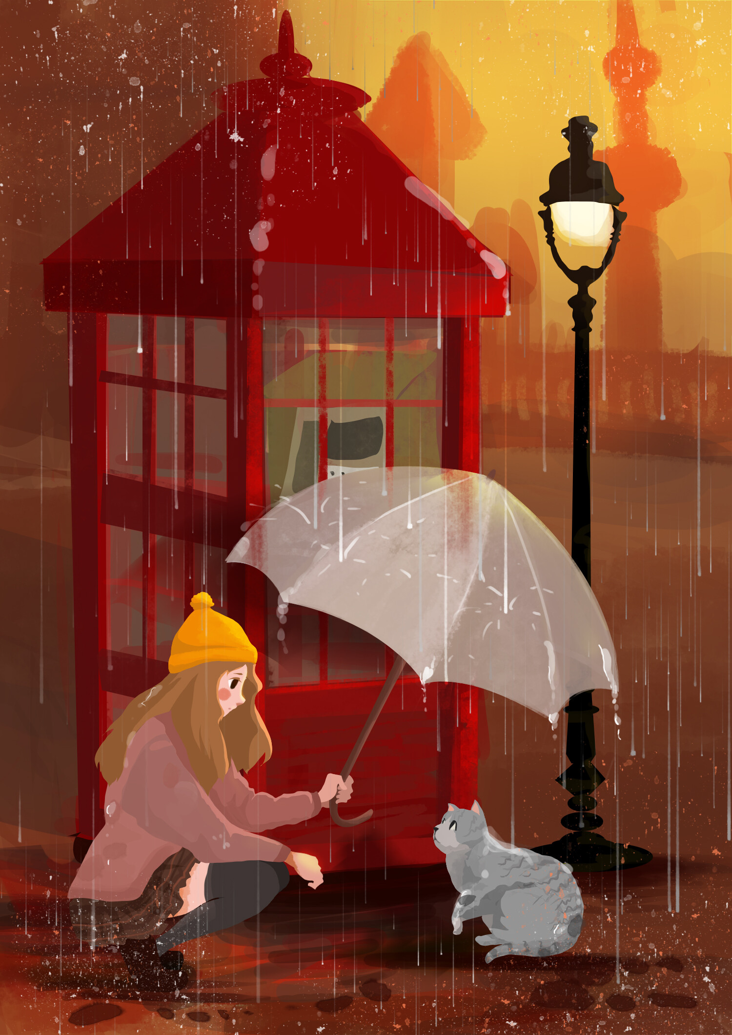 umbrella, art, girl, rain, cat Full HD