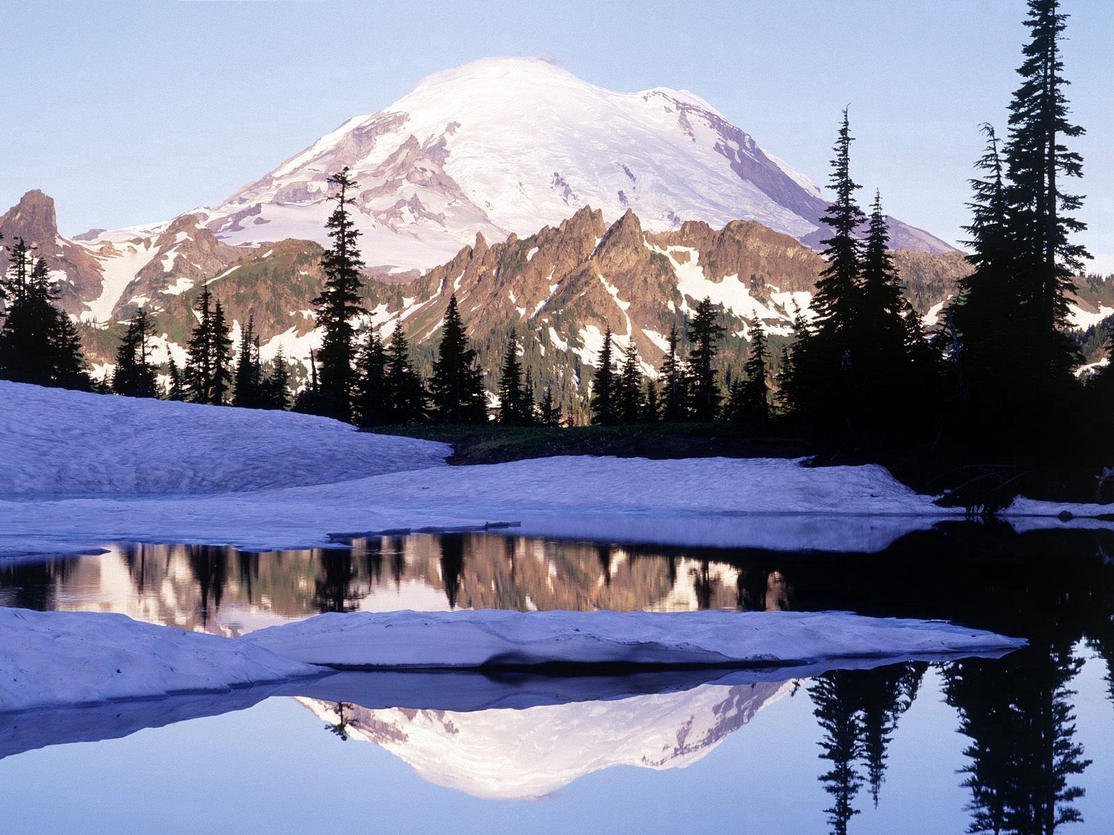 Download mobile wallpaper Top, Vertex, Snow, Lake, Shadow, Washington, Mountains, Nature, Trees for free.