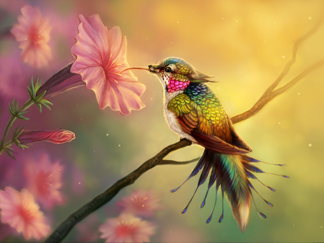 Download mobile wallpaper Fantasy, Flower, Bird, Colorful, Creature, Hummingbird, Fantasy Animals for free.