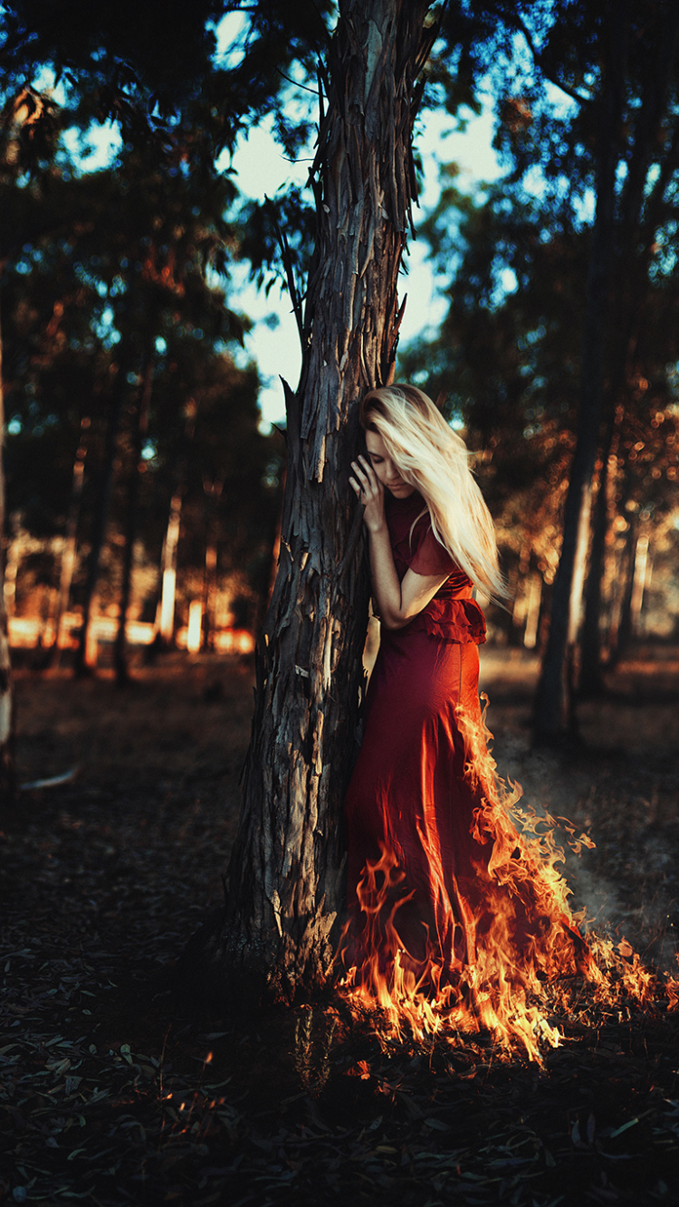 Download mobile wallpaper Fire, Forest, Blonde, Photography, Manipulation, Red Dress, Depth Of Field for free.