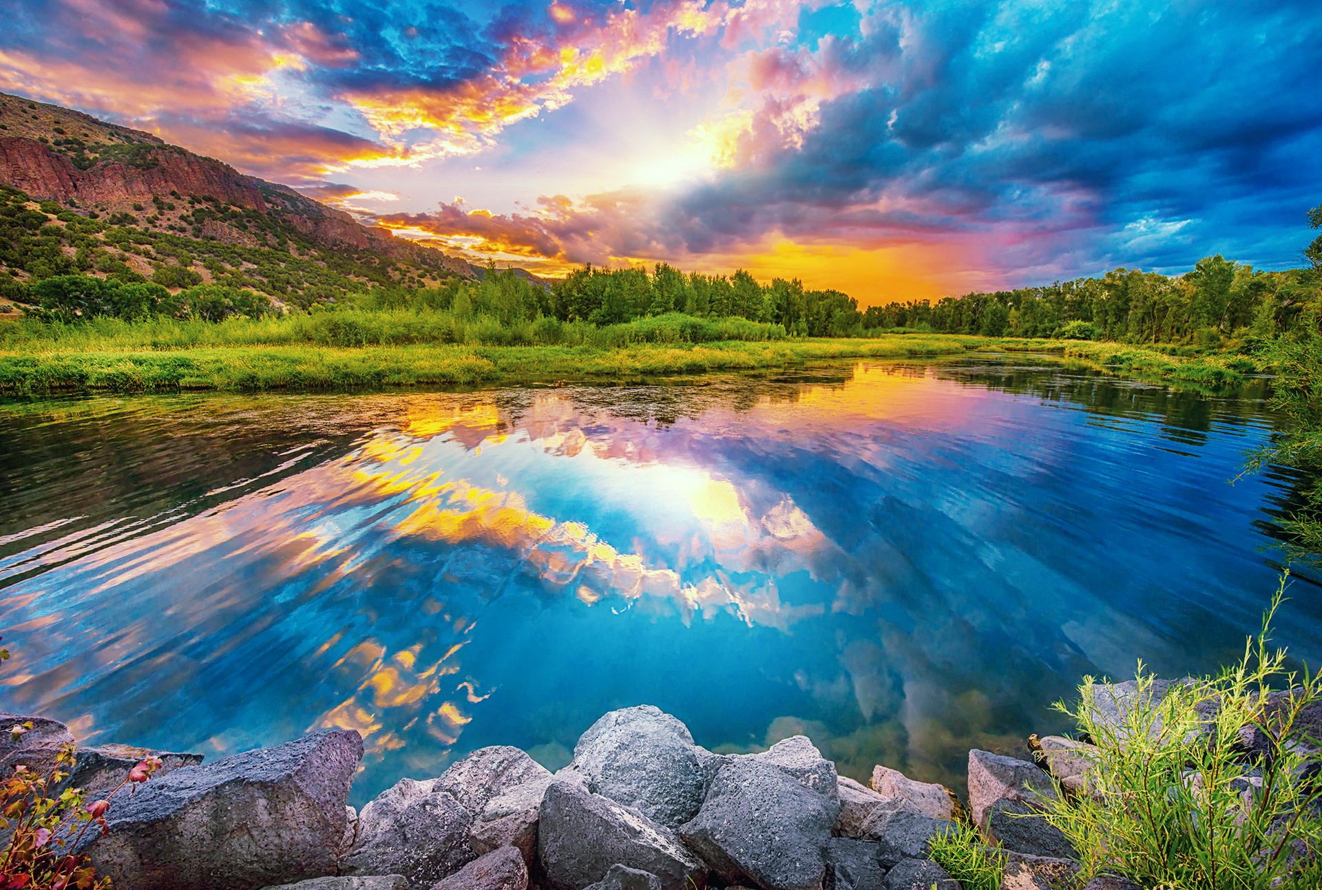 Free download wallpaper Sunset, Mountain, Lake, Reflection, Tree, Earth on your PC desktop