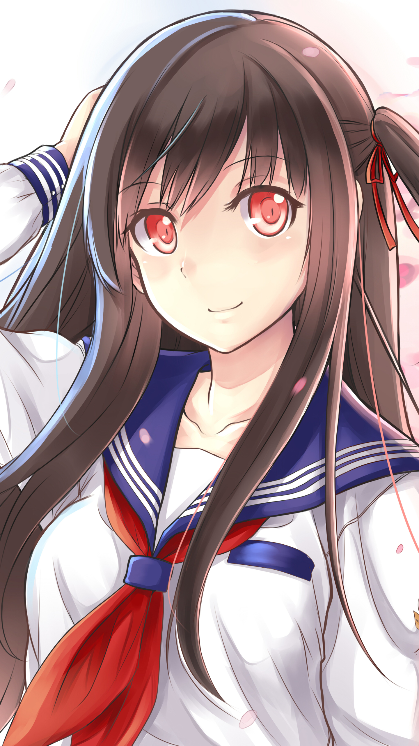 Download mobile wallpaper Anime, Cherry Blossom, Original, School Uniform, Red Eyes, Black Hair, Long Hair for free.