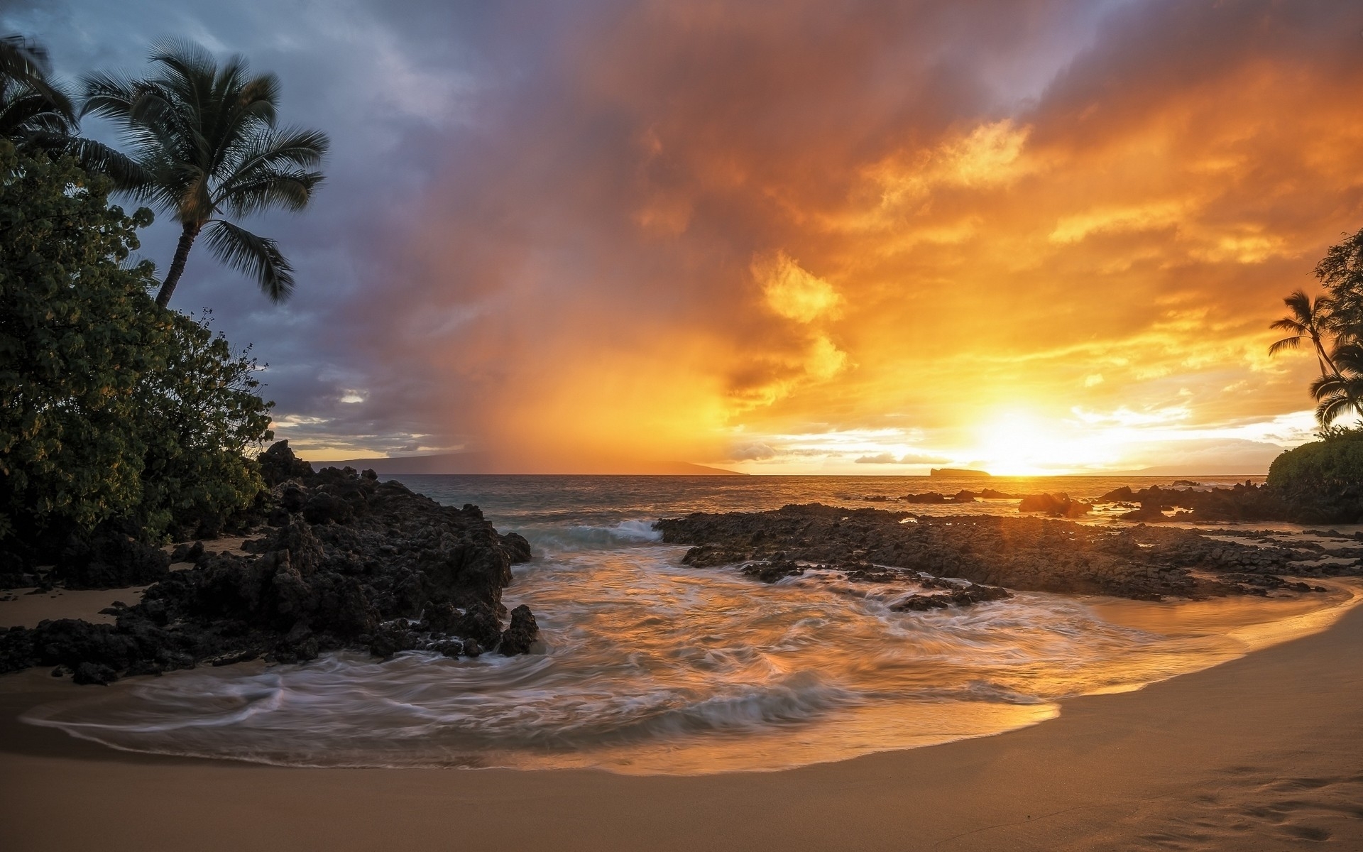 Free download wallpaper Sunset, Sea, Beach, Horizon, Ocean, Earth, Cloud, Palm Tree on your PC desktop