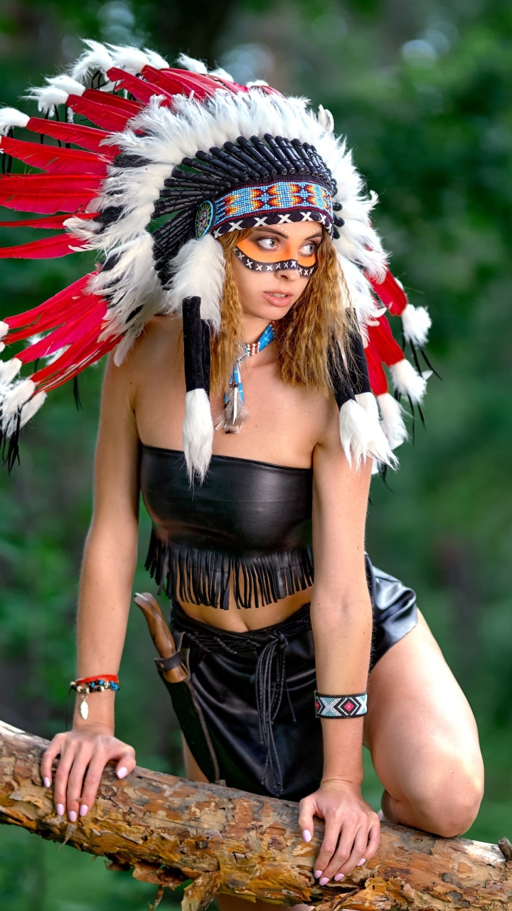 Download mobile wallpaper Model, Women, Headdress, Native American for free.