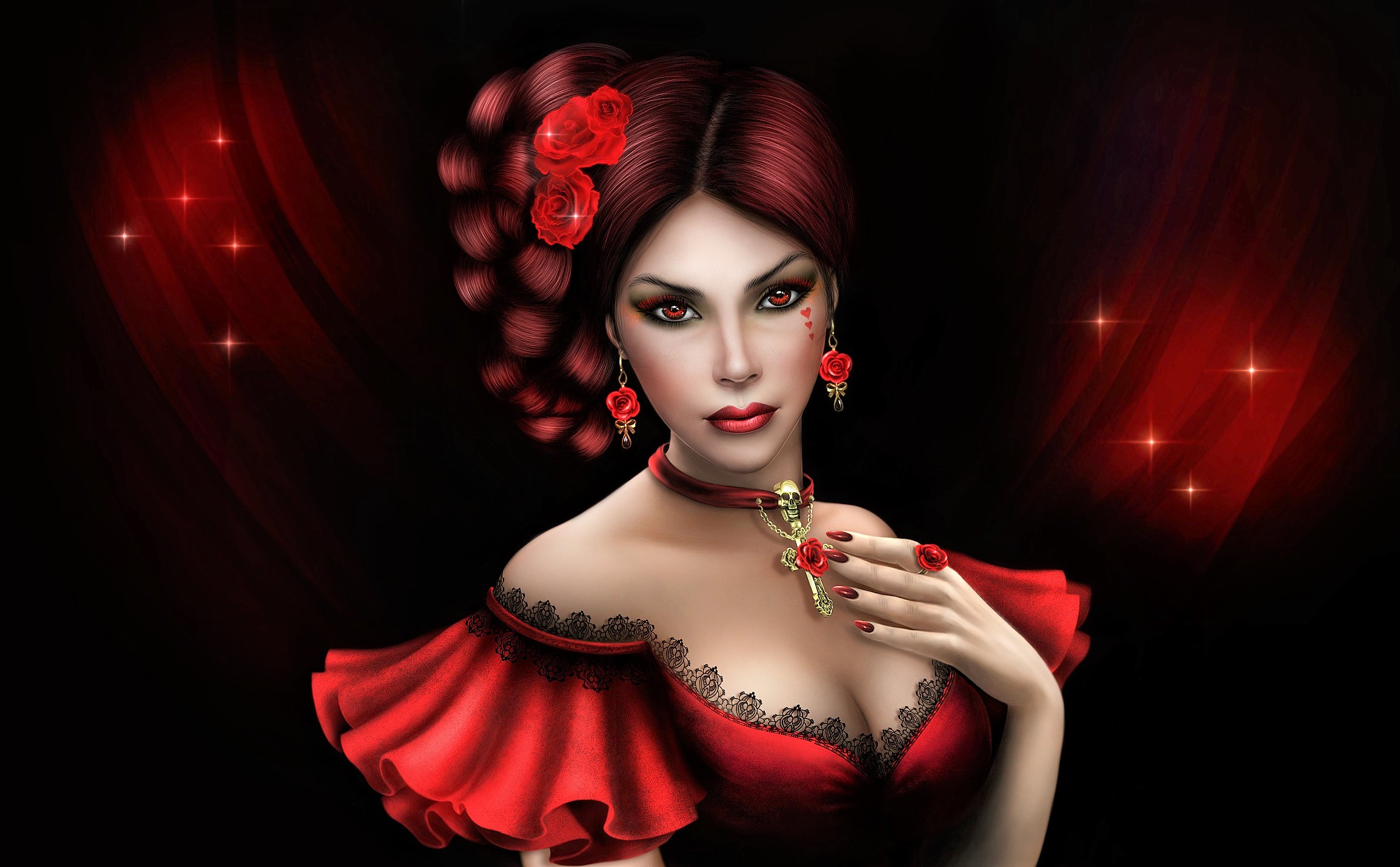 Download mobile wallpaper Fantasy, Face, Women, Earrings, Red Eyes, Lipstick for free.