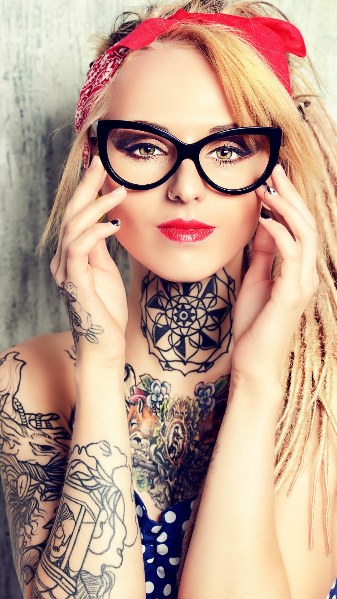 Download mobile wallpaper Tattoo, Blonde, Glasses, Model, Women, Lipstick for free.