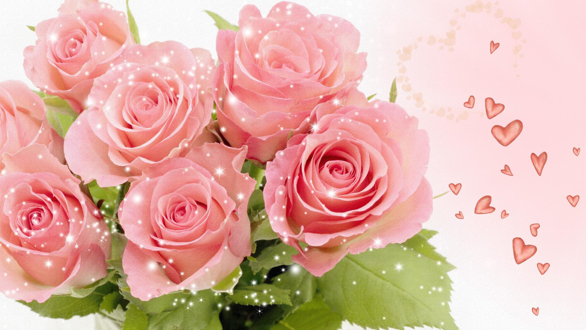 Скачать обои бесплатно Роза, Сердце, Блестки, Художественные, Розовая Роза картинка на рабочий стол ПК