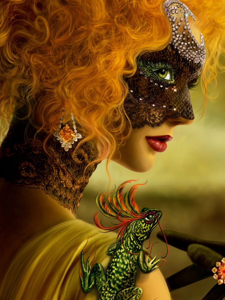 Download mobile wallpaper Fantasy, Jewelry, Redhead, Mask, Lizard, Glove, Women, Masquerade, Lipstick for free.