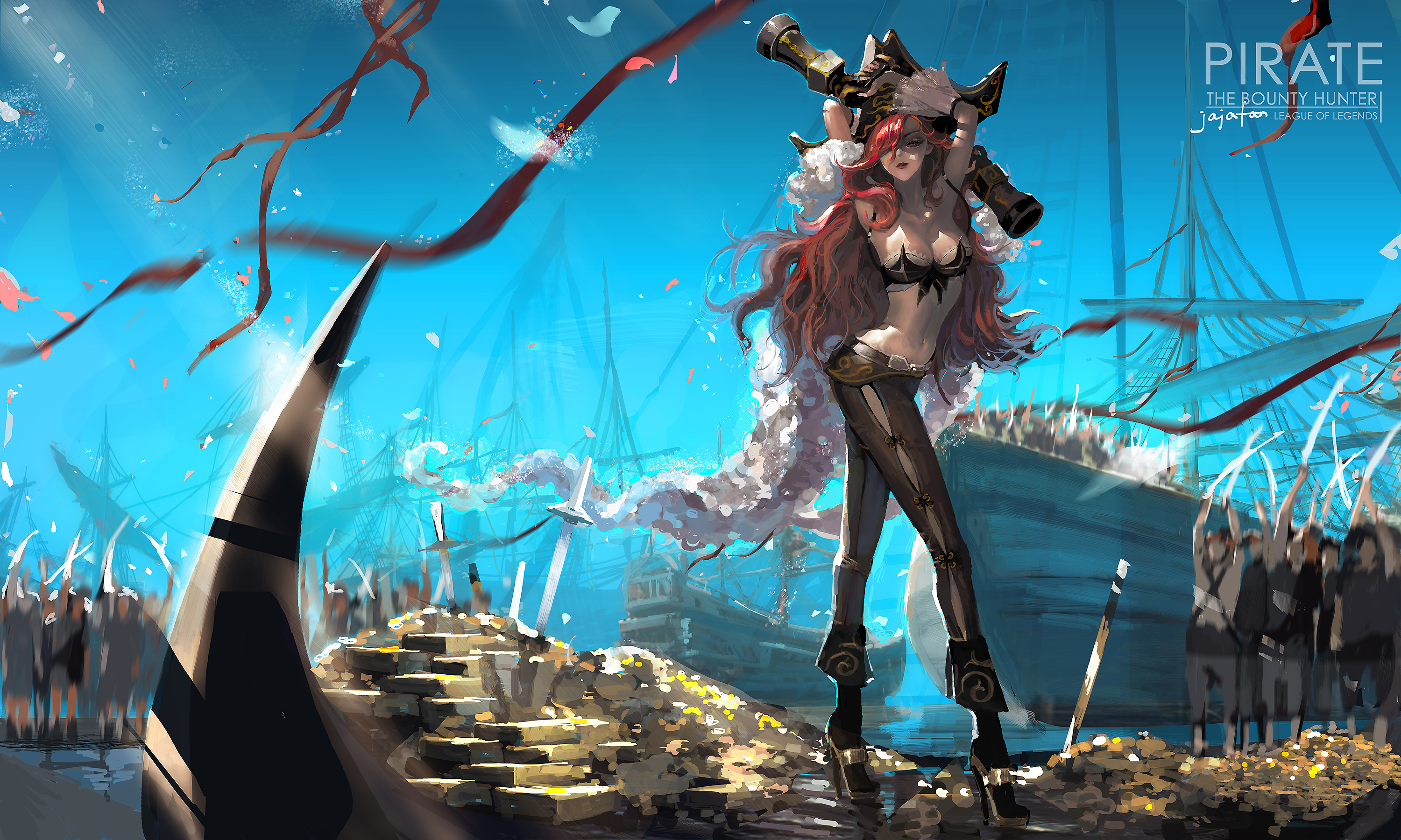 pirate ship, gold, miss fortune (league of legends), video game, league of legends, fantasy, hat, long hair, pirate, red hair, sword, weapon