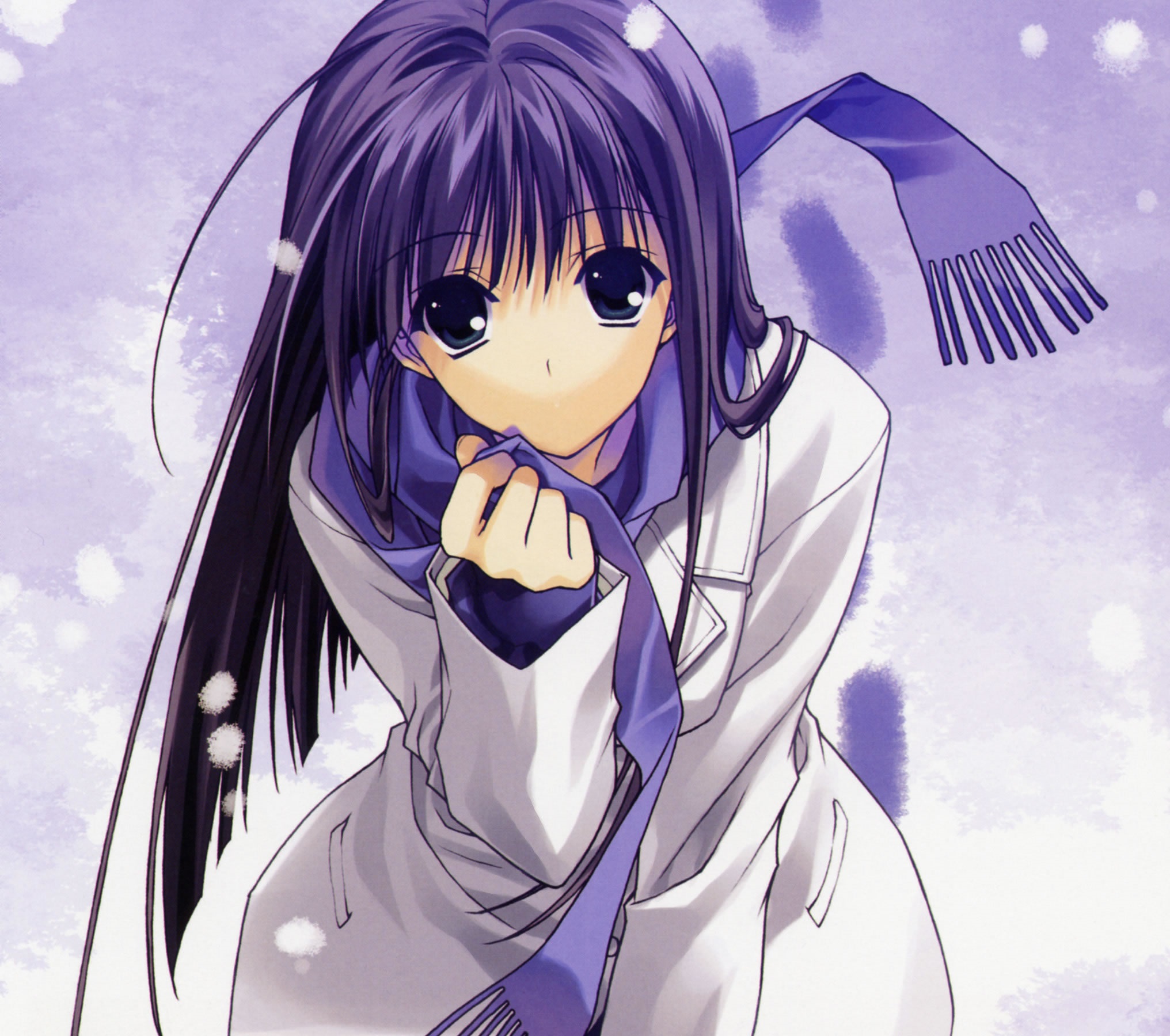 anime, original, blue eyes, footprint, purple hair, scarf, snow