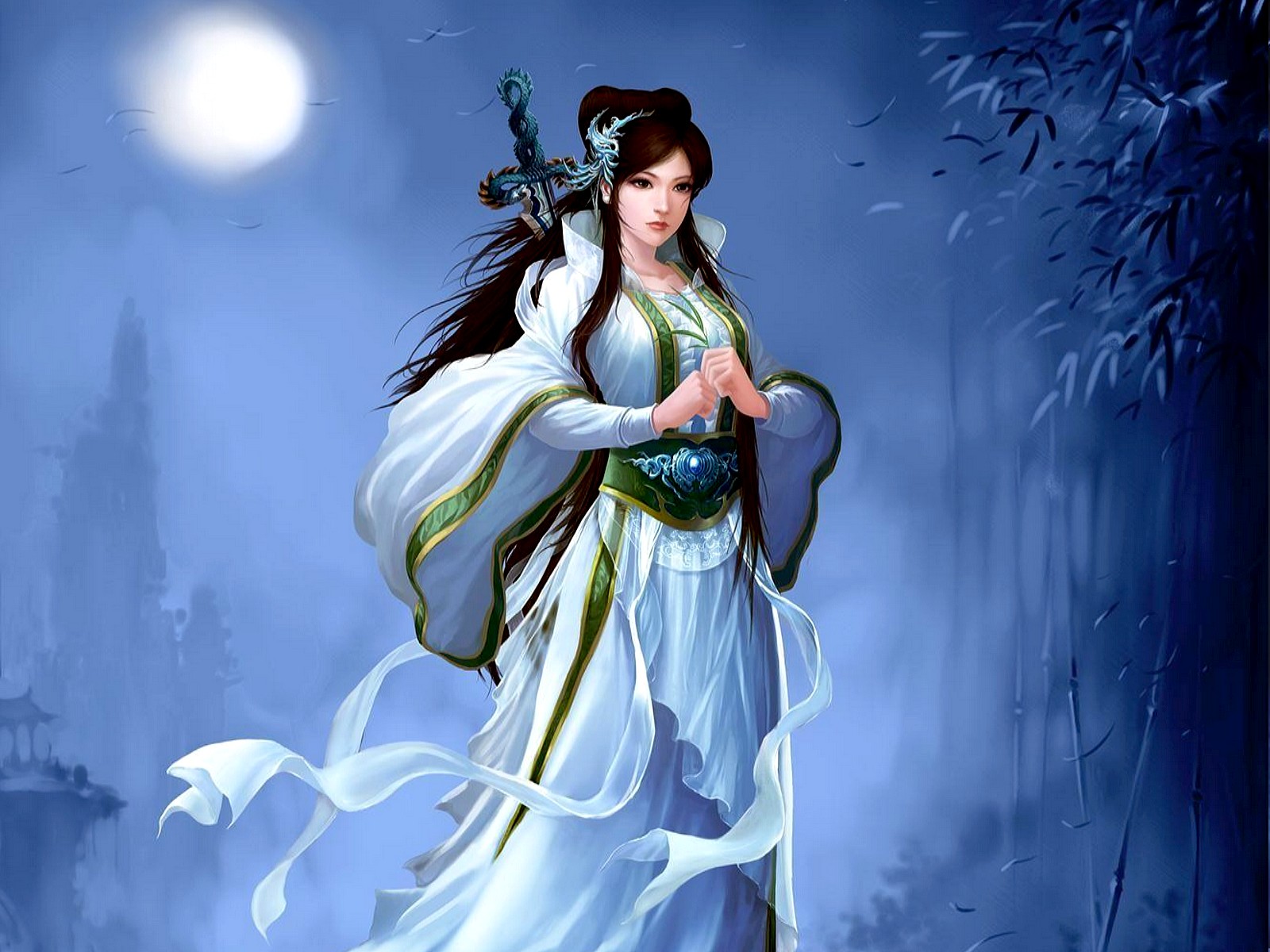 Free download wallpaper Fantasy, Moon, Warrior, Sword, Asian, Women Warrior, Woman Warrior on your PC desktop