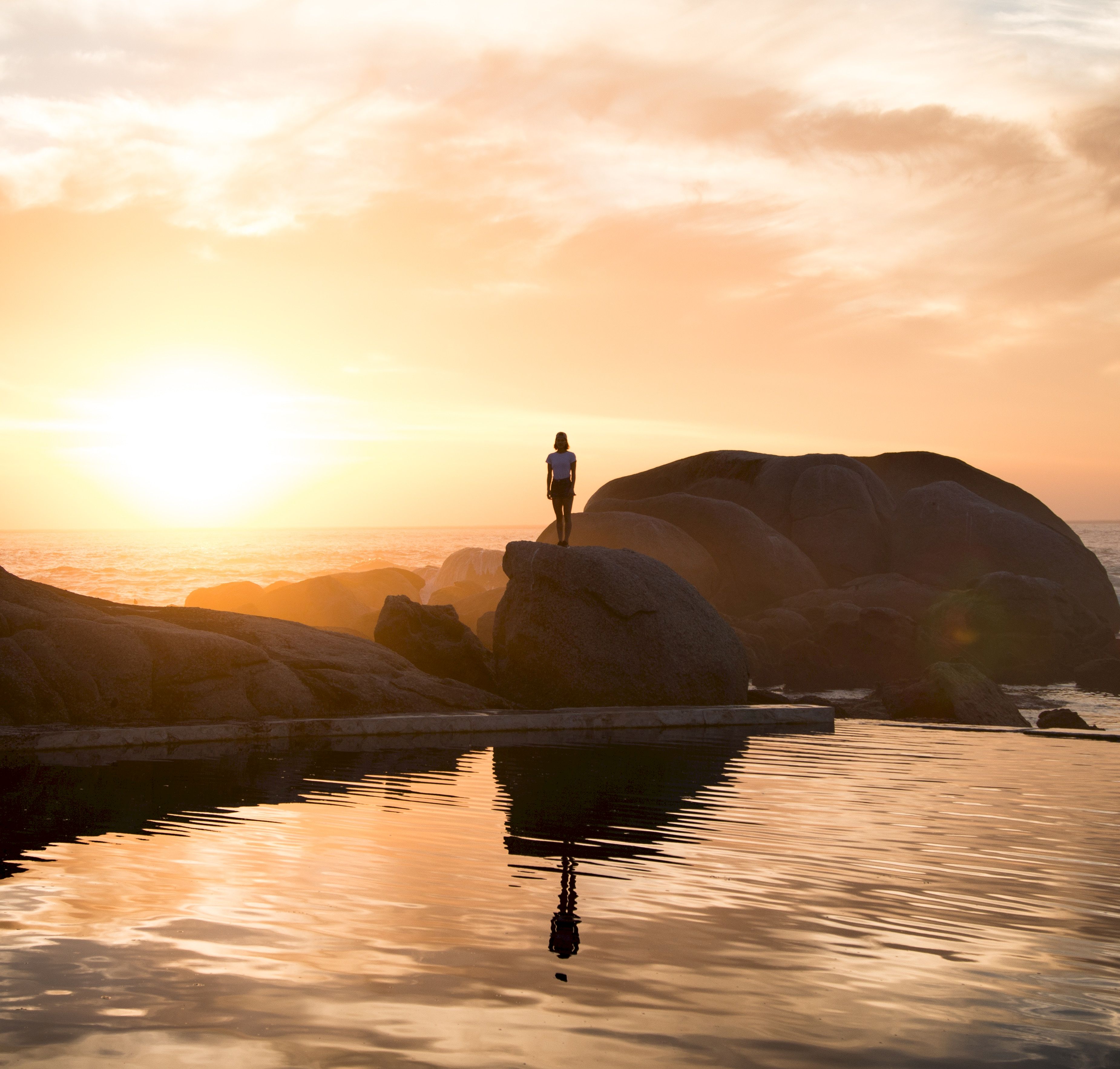 Free download wallpaper Rocks, Nature, Water, Sunset, South Africa, Silhouette on your PC desktop