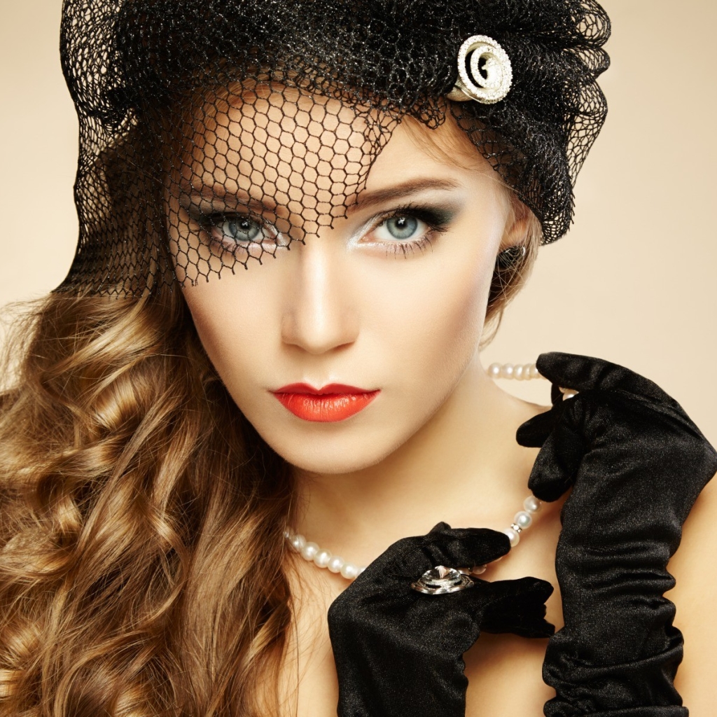 Download mobile wallpaper Blonde, Pearl, Hat, Glove, Women, Curl, Blue Eyes, Lipstick, Arina Postnikova for free.
