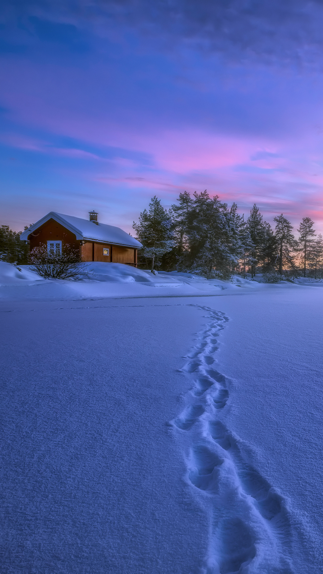 Download mobile wallpaper Winter, Sunset, Snow, House, Man Made for free.