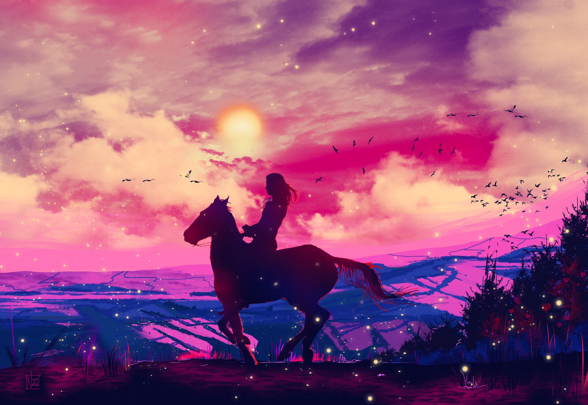 Free download wallpaper Sunset, Sky, Artistic, Horse on your PC desktop