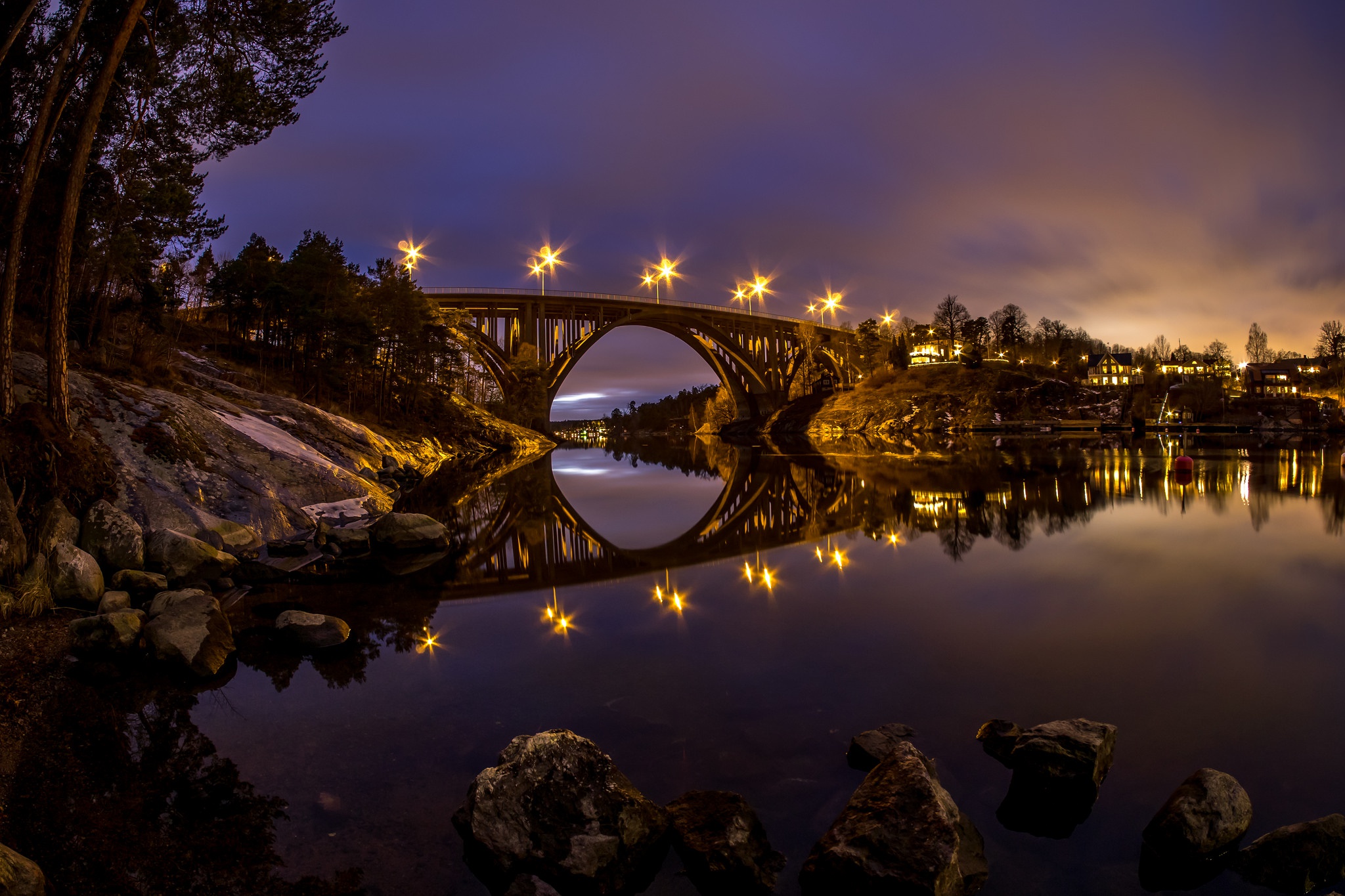Download mobile wallpaper Bridges, Night, Reflection, Bridge, River, Man Made for free.