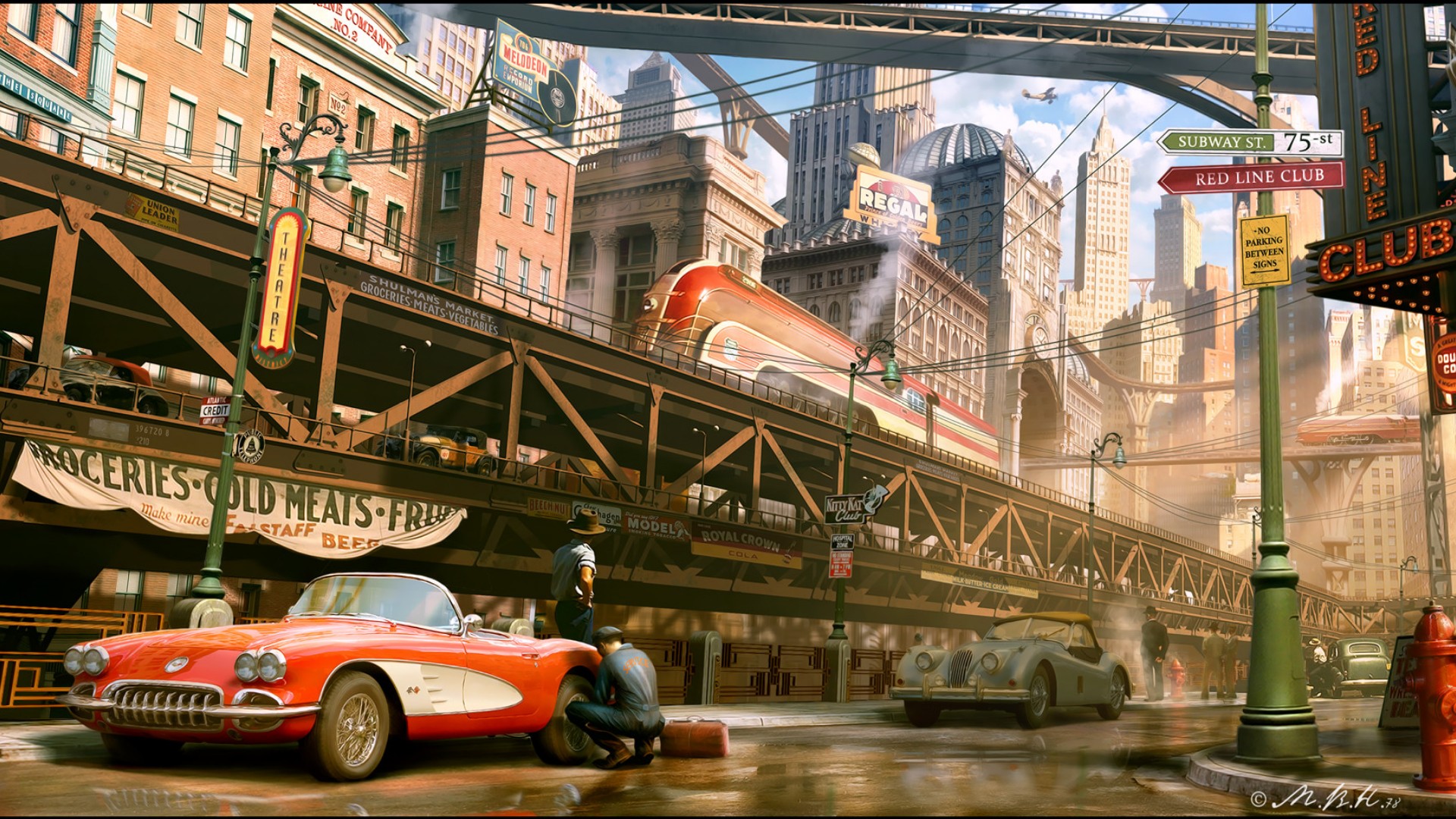 dieselpunk, sci fi, car, futuristic city, train