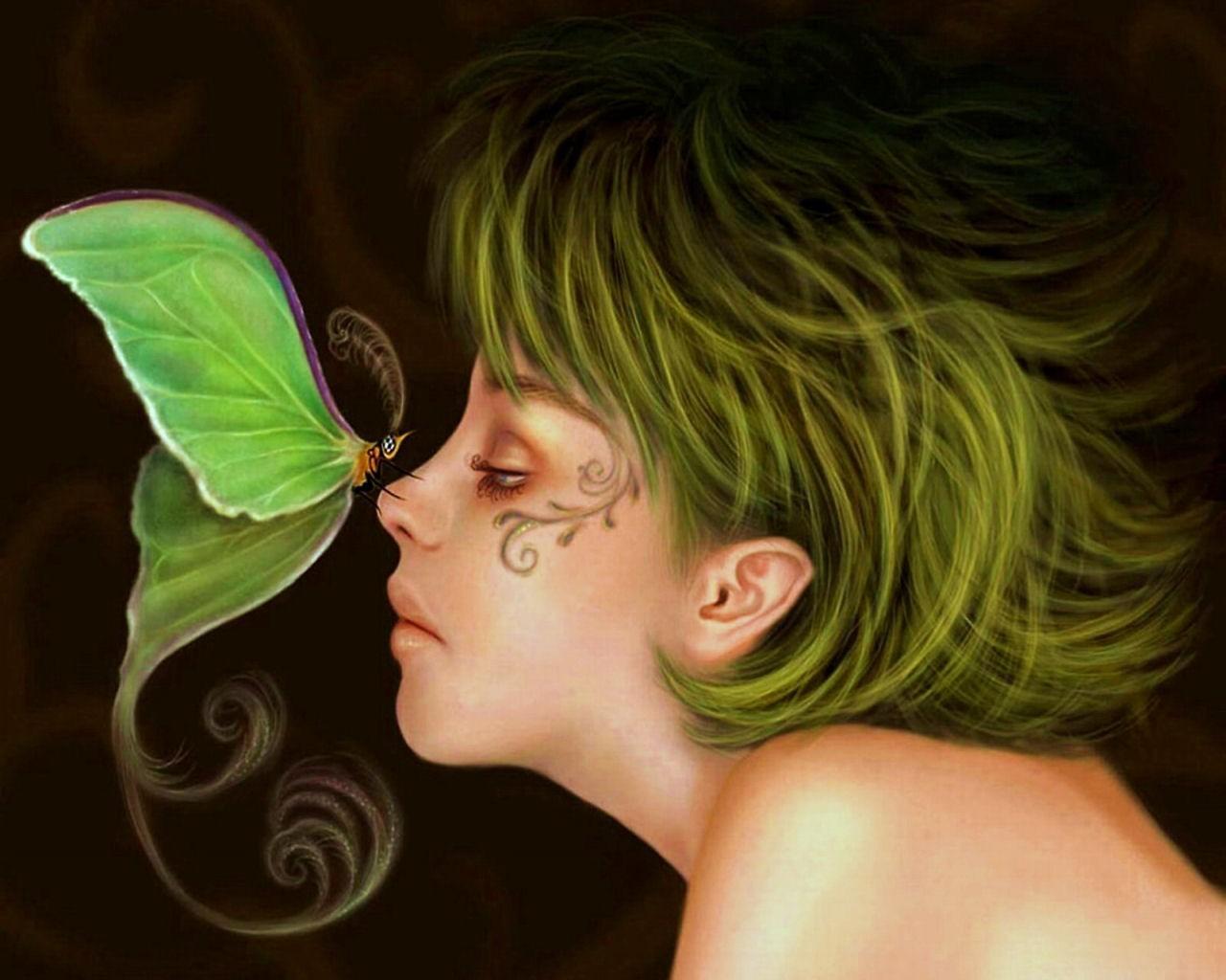 fantasy, women, green, moth