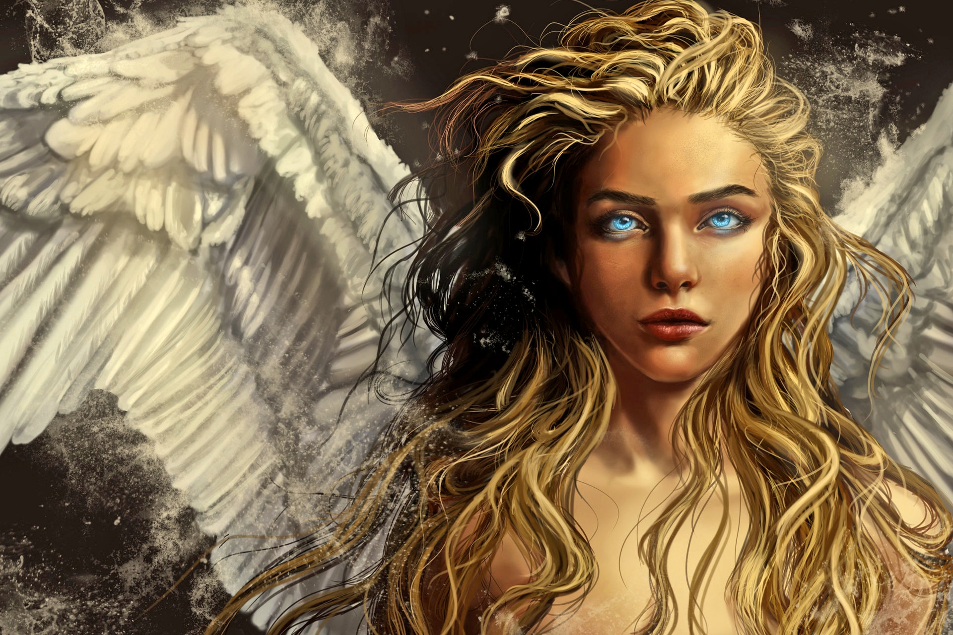 Download mobile wallpaper Fantasy, Wings, Angel, Blonde, Blue Eyes for free.