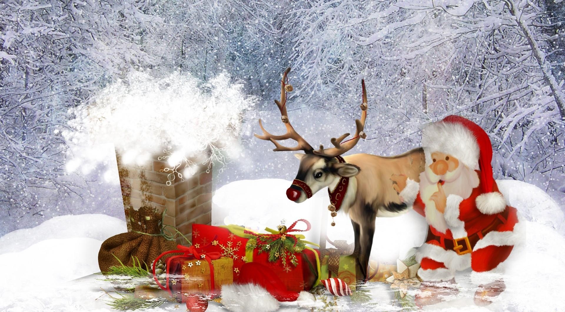 santa claus, holidays, christmas, trumpet, pipe, roof, deer, presents, gifts