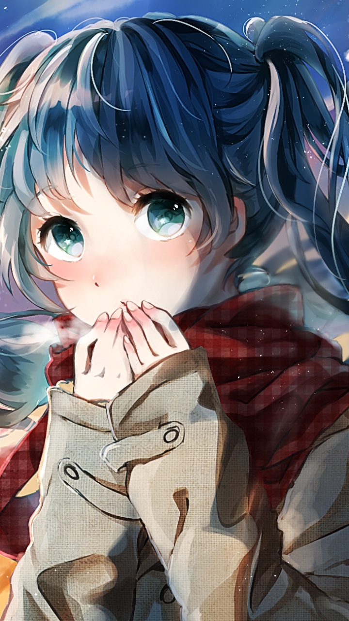 Download mobile wallpaper Anime, Vocaloid, Scarf, Blue Eyes, Blush, Blue Hair, Hatsune Miku, Long Hair, Twintails for free.