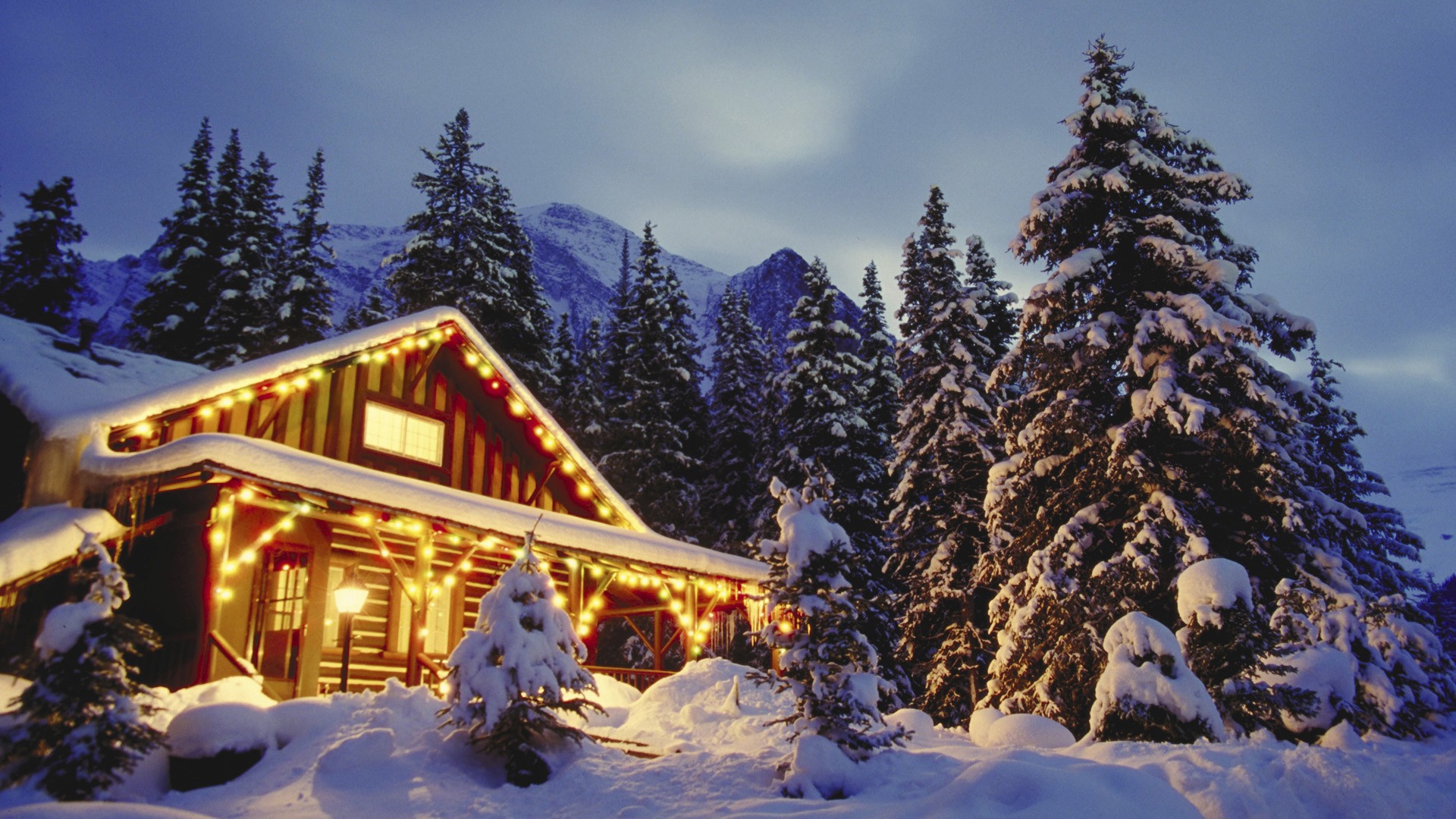 Download mobile wallpaper Winter, Snow, Light, Forest, Christmas, Cabin, Man Made for free.