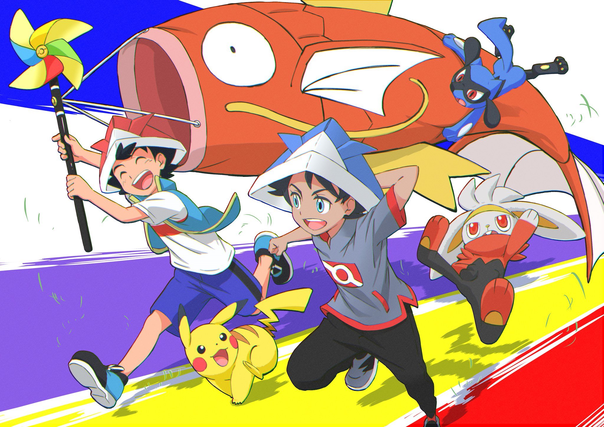 blue eyes, anime, pokémon, ash ketchum, goh (pokémon), pikachu, raboot (pokémon), riolu (pokémon)