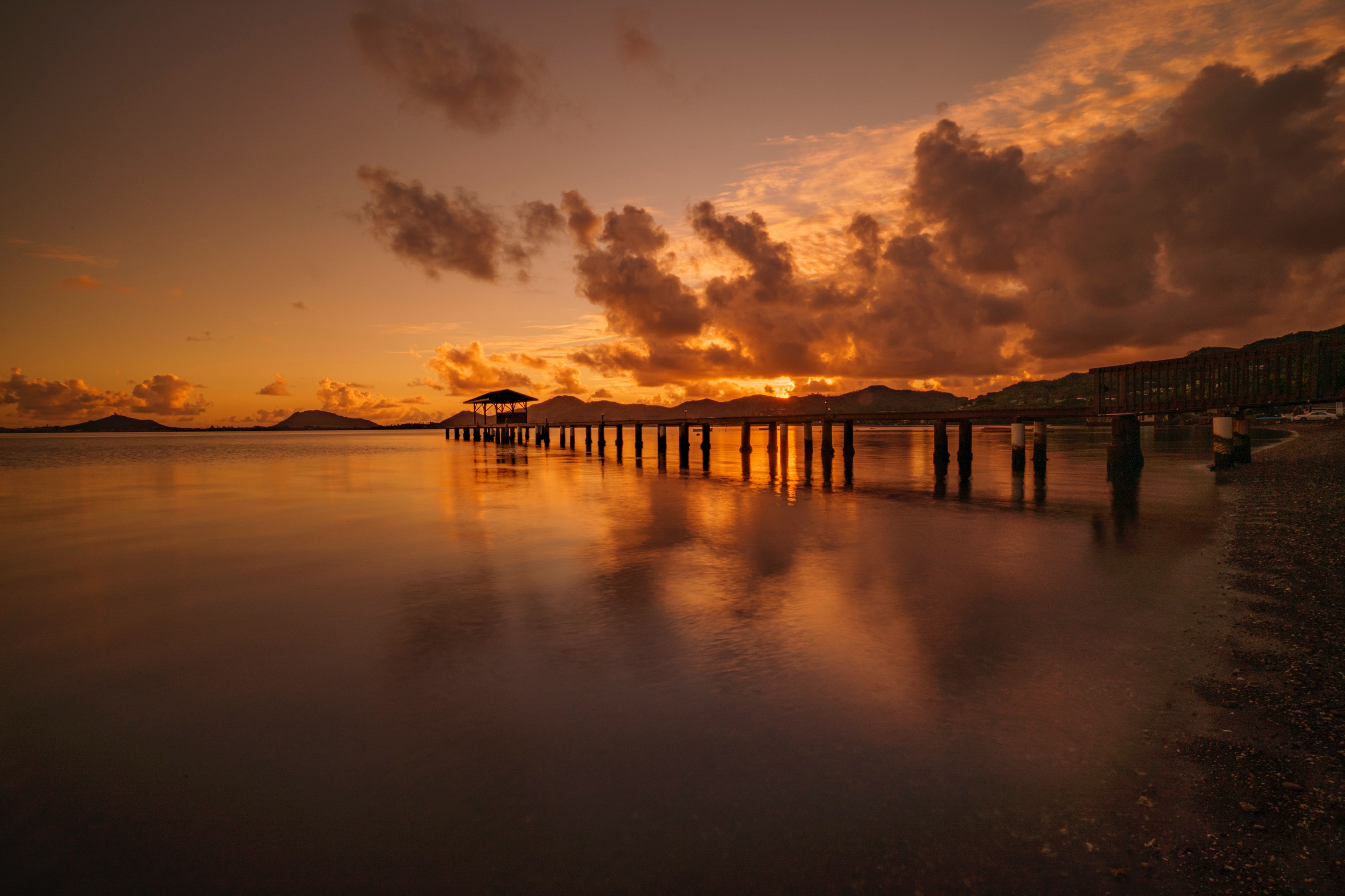 Download mobile wallpaper Sunset, Horizon, Sea, Pier, Nature for free.