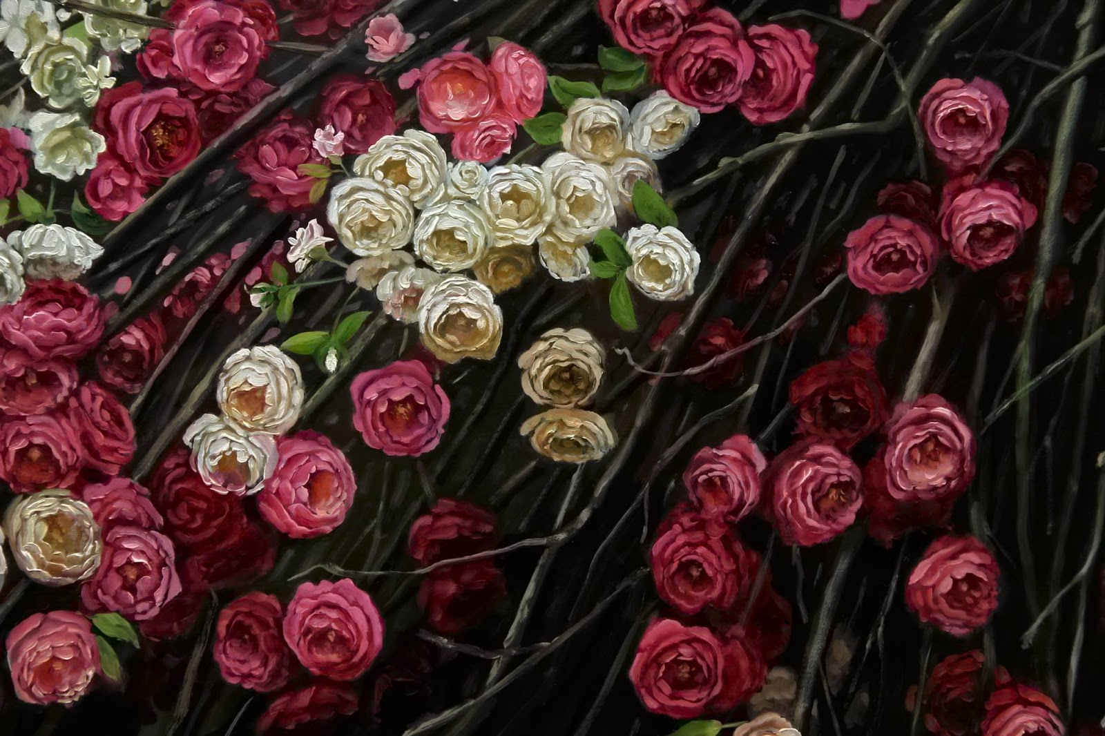 PCデスクトップに薔薇, ブランチ, ペインティング, 芸術的, 白い花, ピンクの花画像を無料でダウンロード