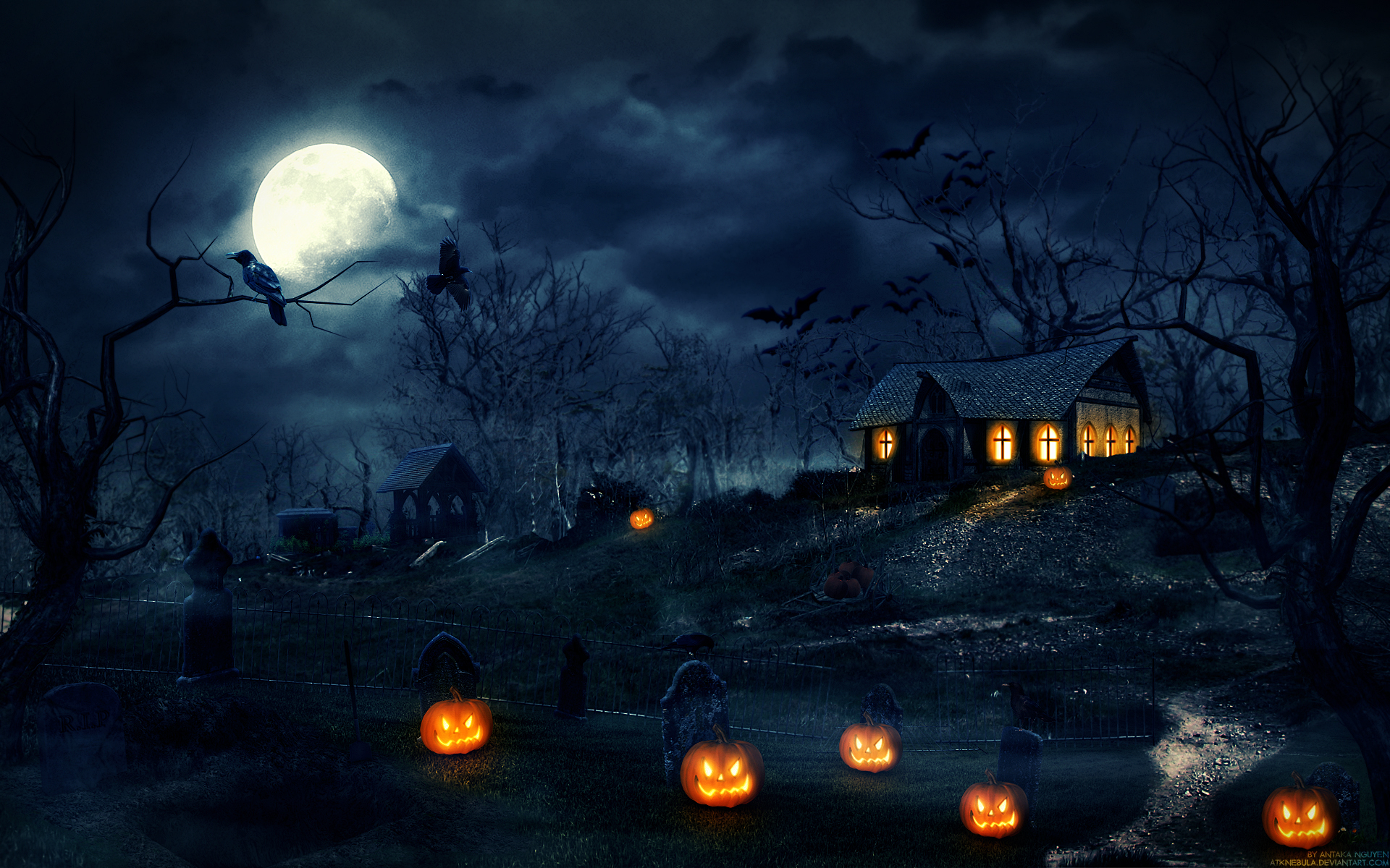 Free download wallpaper Halloween, Night, Holiday, House, Street, Jack O' Lantern on your PC desktop