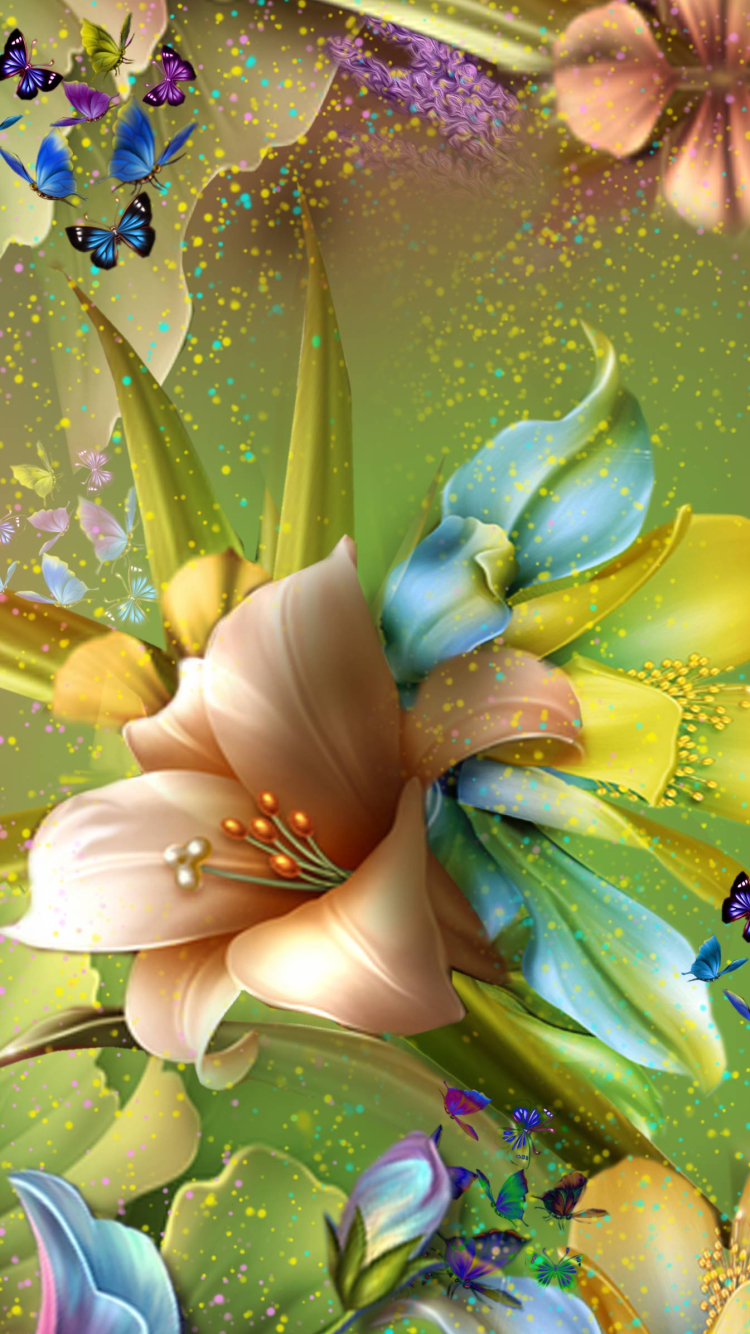 Download mobile wallpaper Flowers, Flower, Colors, Butterfly, Colorful, Artistic, Sparkles for free.