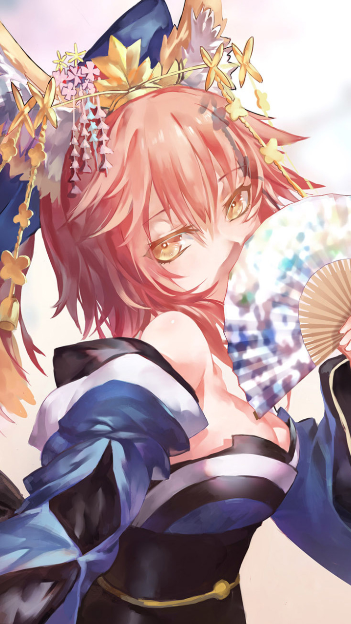 tamamo no mae (fate/grand order), anime, fate/extra, japanese clothes, yellow eyes, caster (fate/extra), bow (clothing), headdress, blush, short hair, fan, fate series