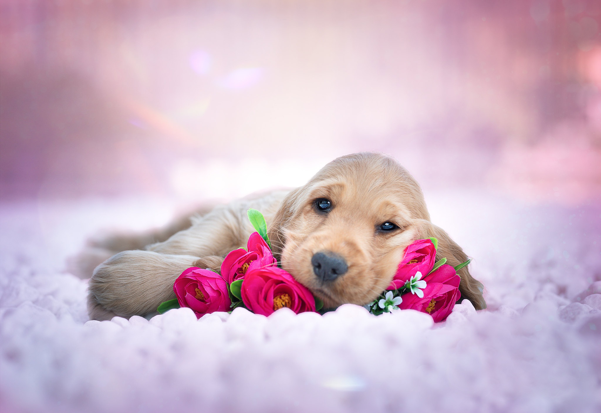 Free download wallpaper Dogs, Flower, Dog, Animal, Puppy, Cocker Spaniel, Baby Animal on your PC desktop