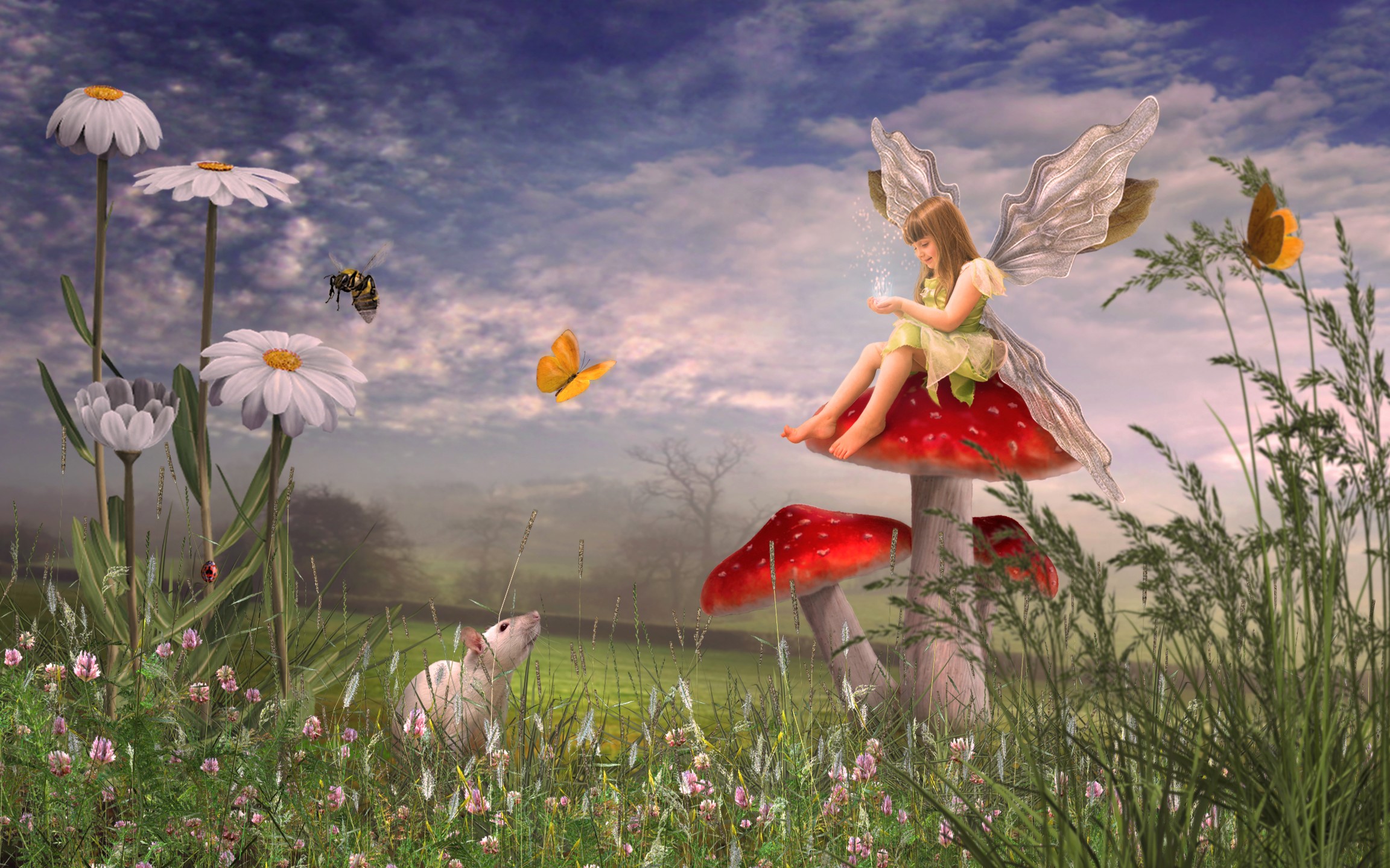Download mobile wallpaper Fantasy, Mushroom, Mouse, Daisy, Fairy, Little Girl for free.