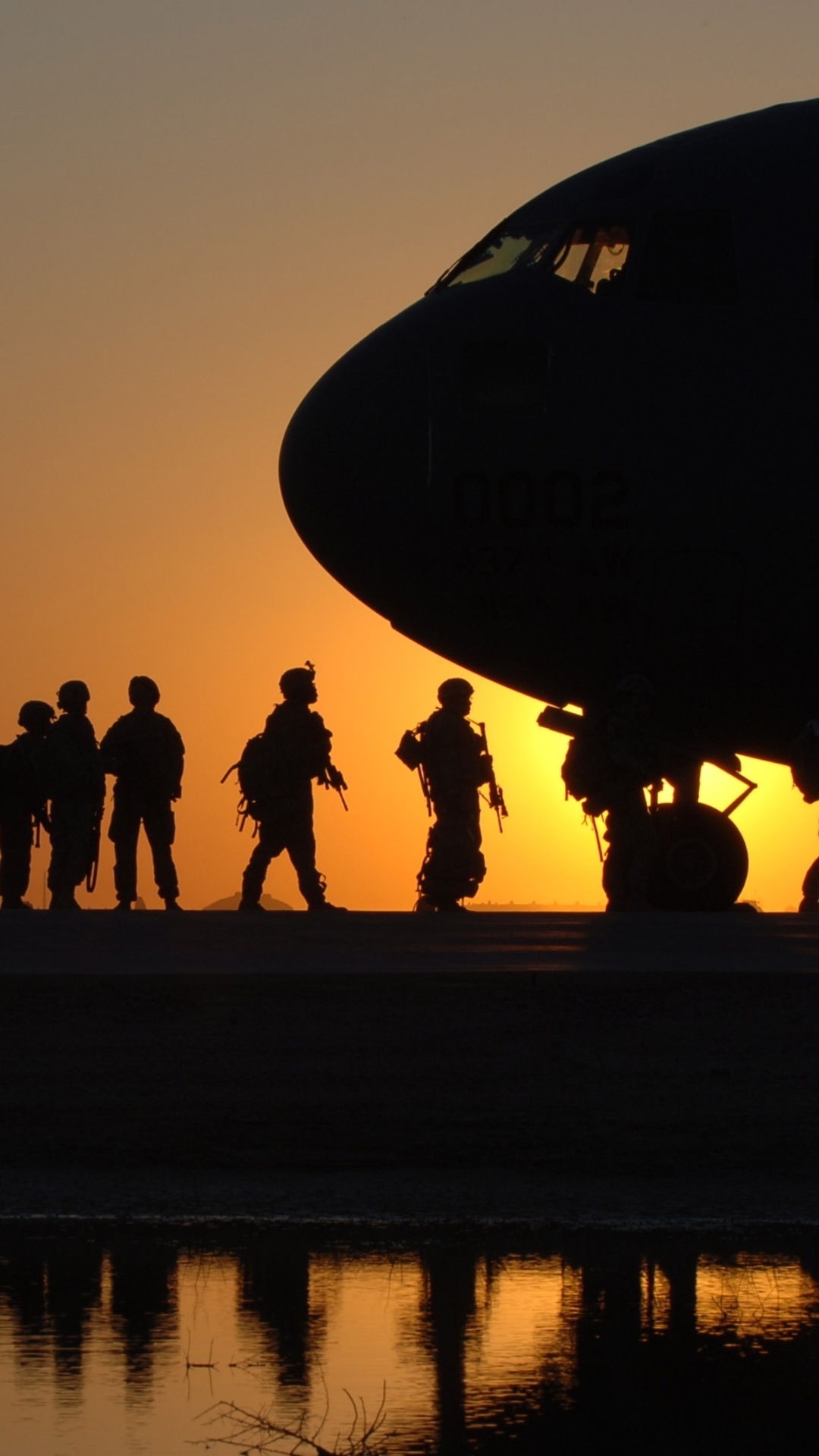 Download mobile wallpaper Sunset, Reflection, Aircraft, Military, Soldier, Army for free.