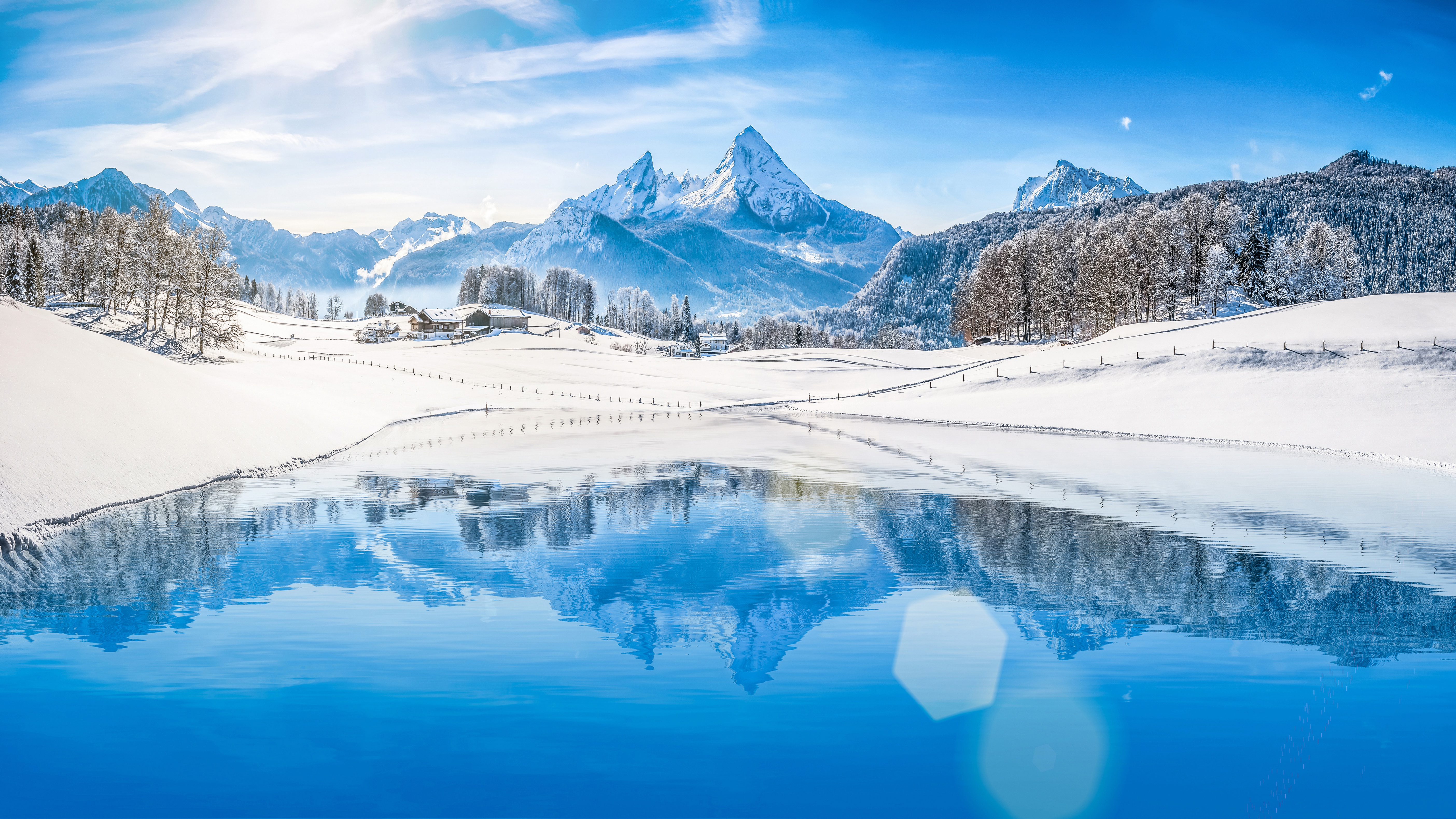 Handy-Wallpaper Landschaft, Winter, Natur, Schnee, Gipfel, Gebirge, Sonnig, Fotografie, Spiegelung kostenlos herunterladen.