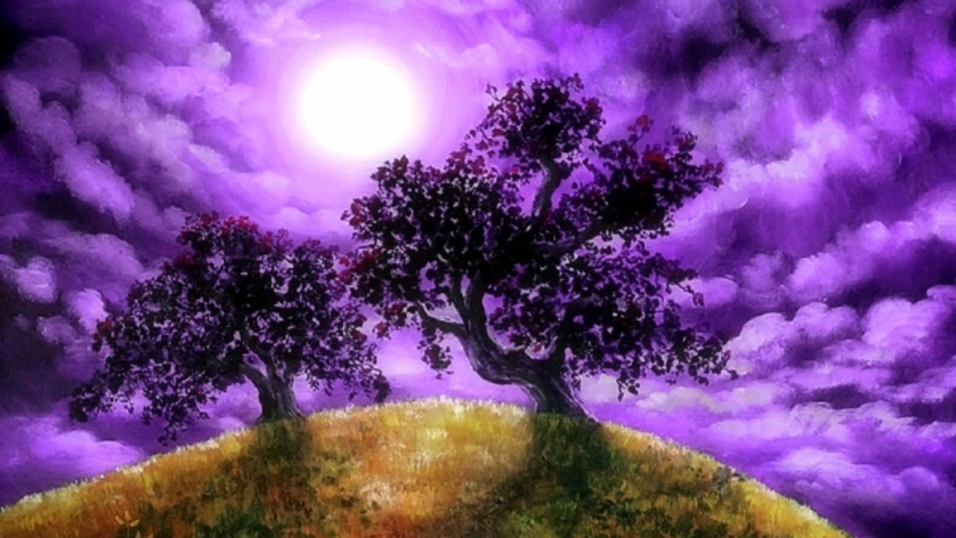 Laden Sie das Landschaft, Fantasie, Mond, Baum, Lila, Himmel, Künstlerisch-Bild kostenlos auf Ihren PC-Desktop herunter