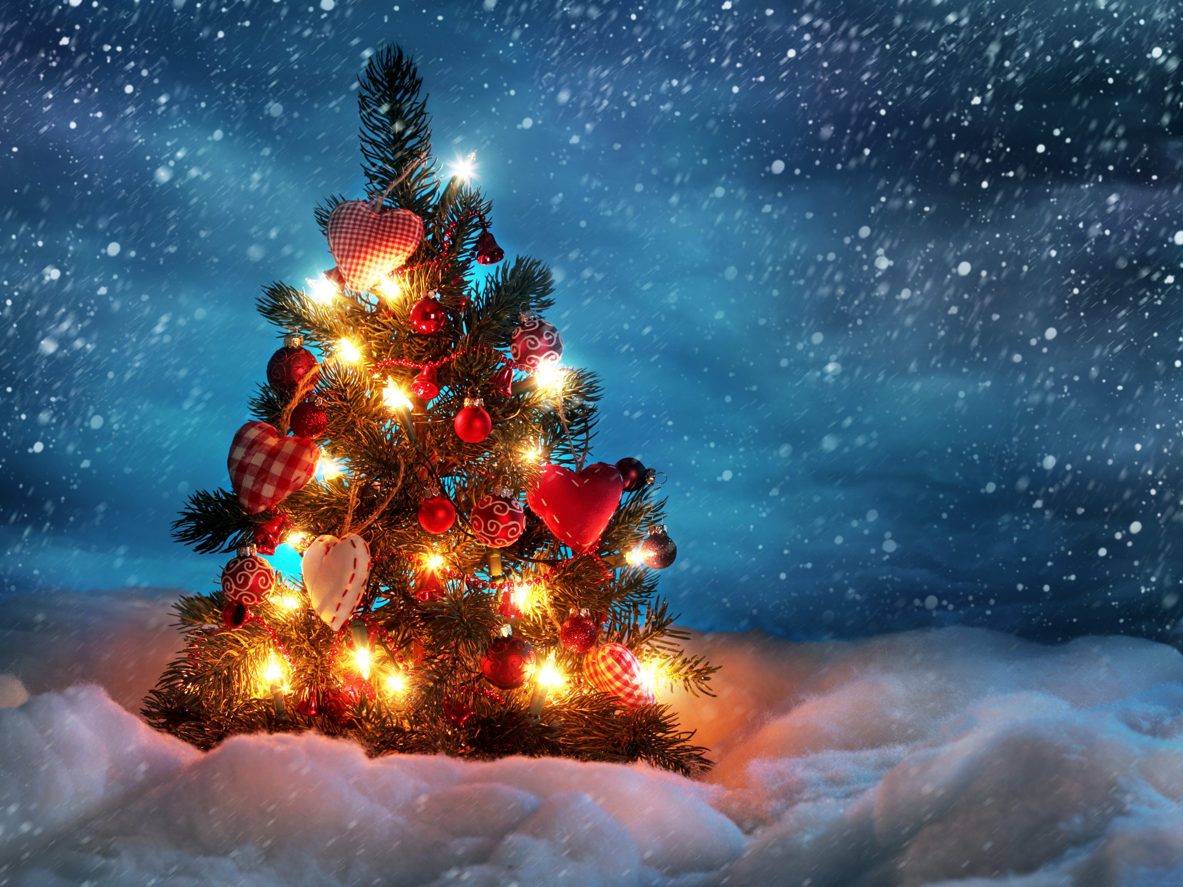 winter, christmas, christmas ornaments, holiday, christmas lights, christmas tree, night, snow, snowfall