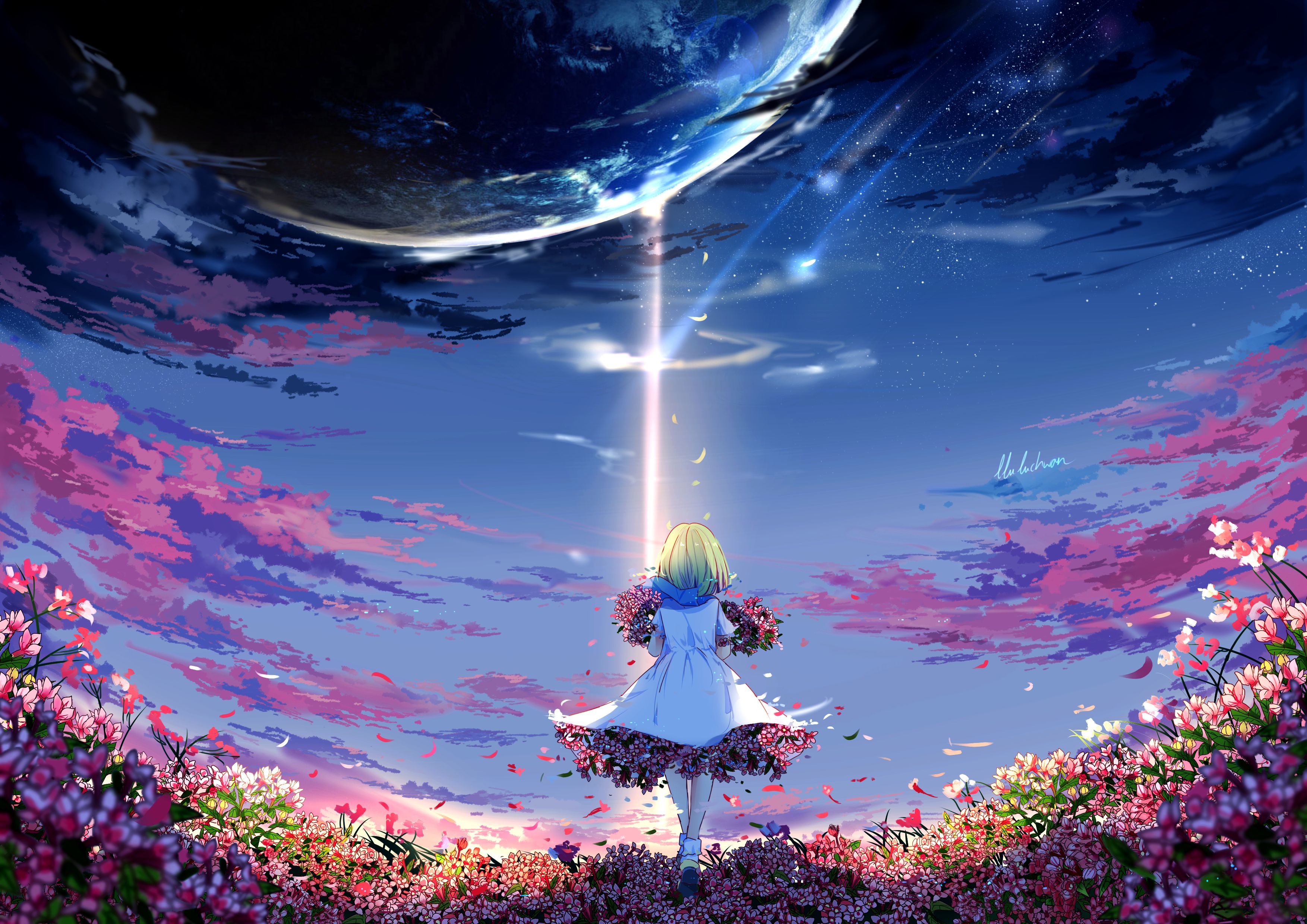 Free download wallpaper Anime, Sky, Flower, Planet, Dress, Original, Short Hair on your PC desktop